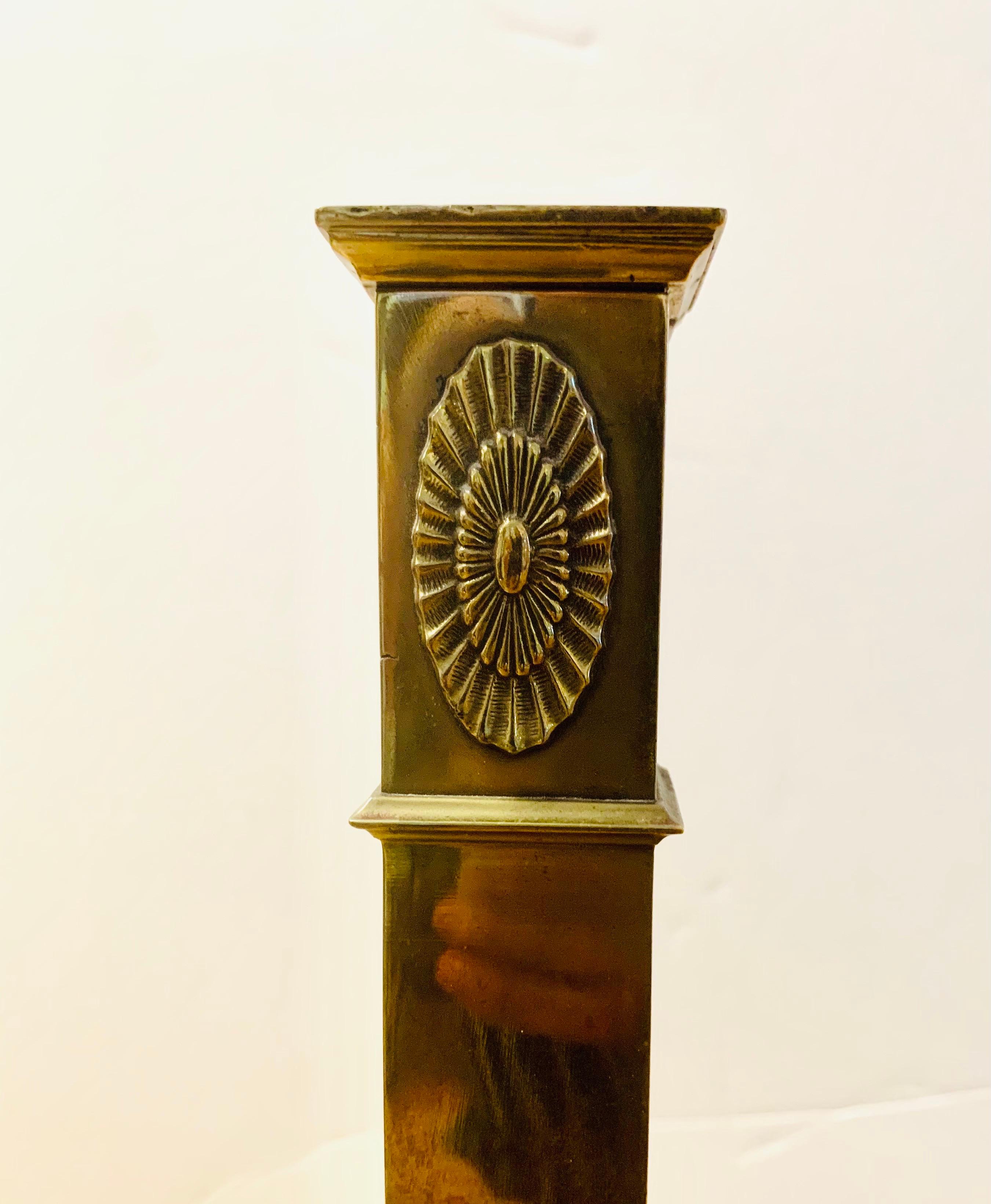 Tall Neoclassical Brass Ornate Column Form Andirons  For Sale 1