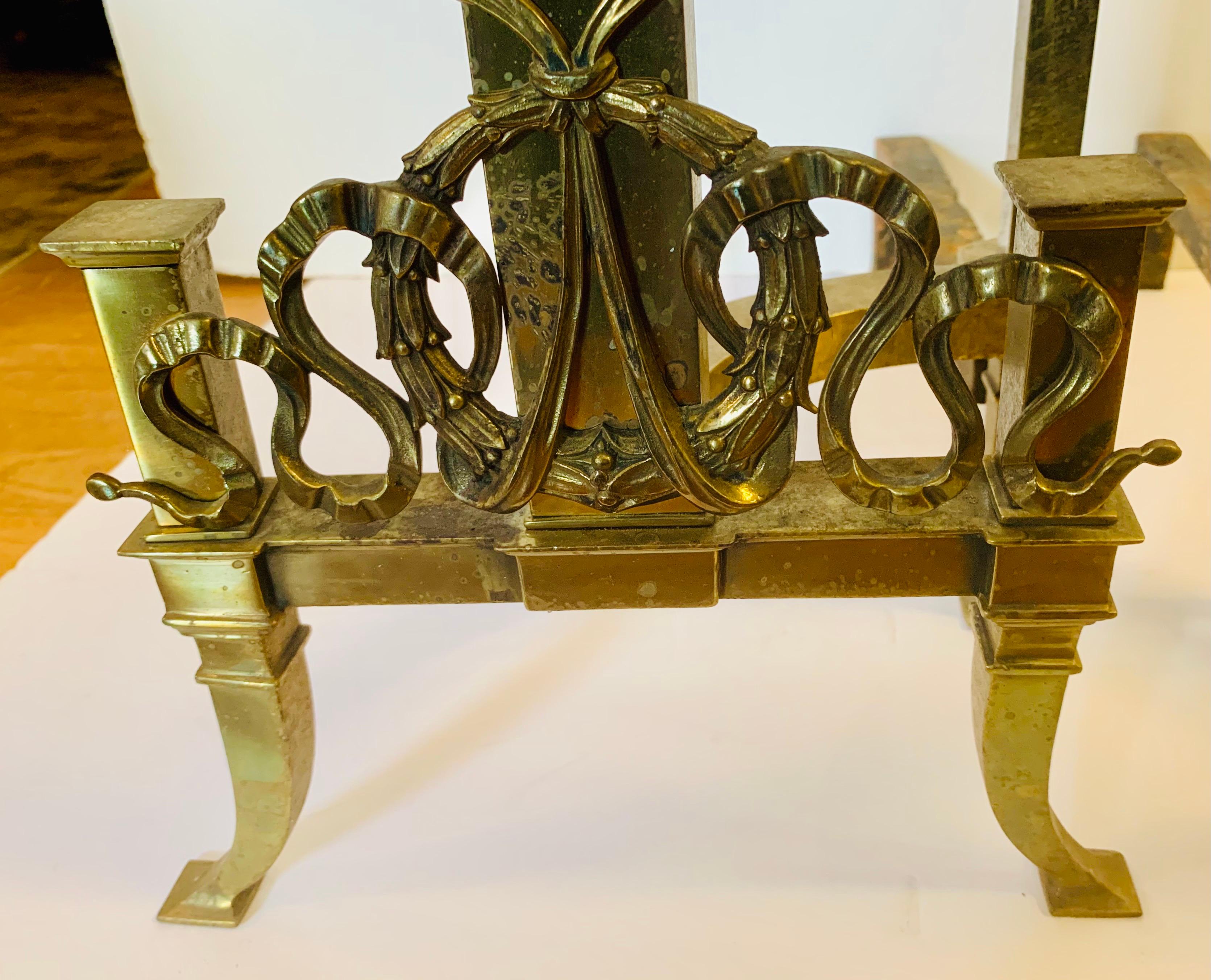Tall Neoclassical Brass Ornate Column Form Andirons  For Sale 3