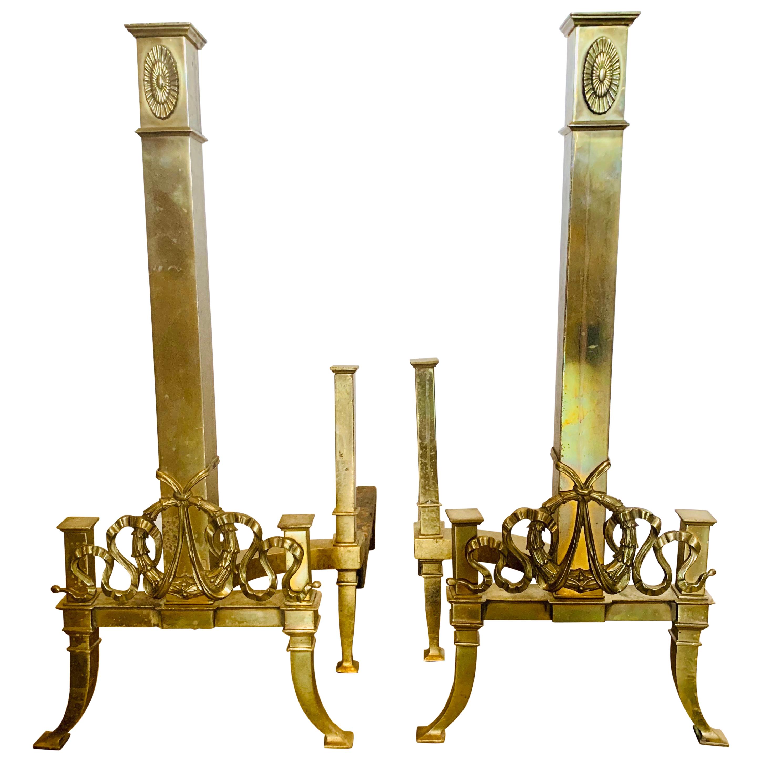 Tall Neoclassical Brass Ornate Column Form Andirons  For Sale