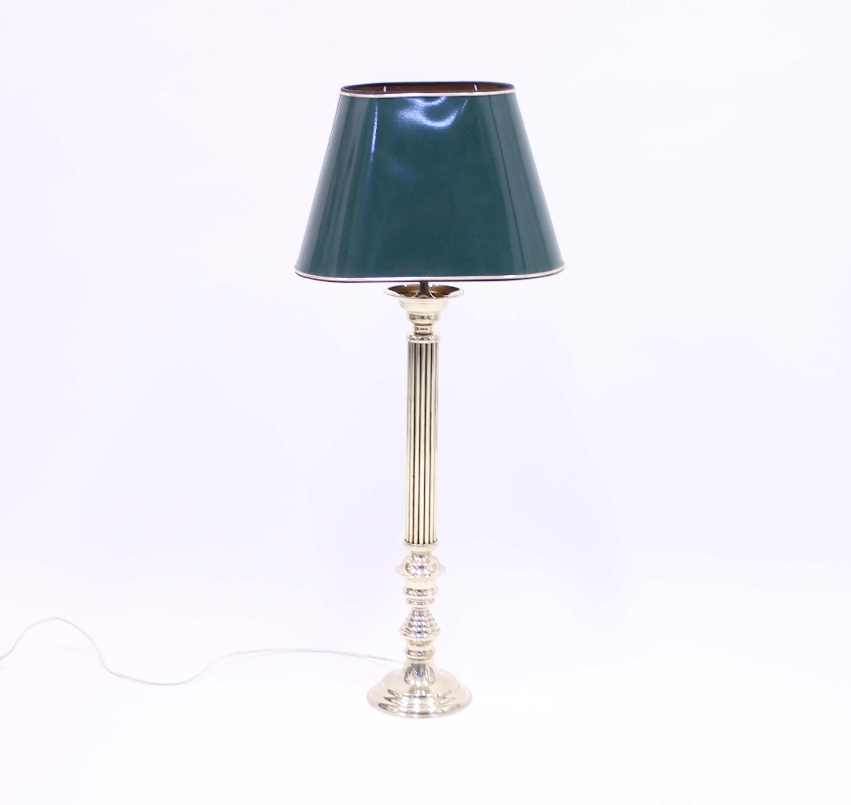 Neoclassical Revival Tall Neoclassical Brass Table Lamp with Green Lacquered Shade, 1970s