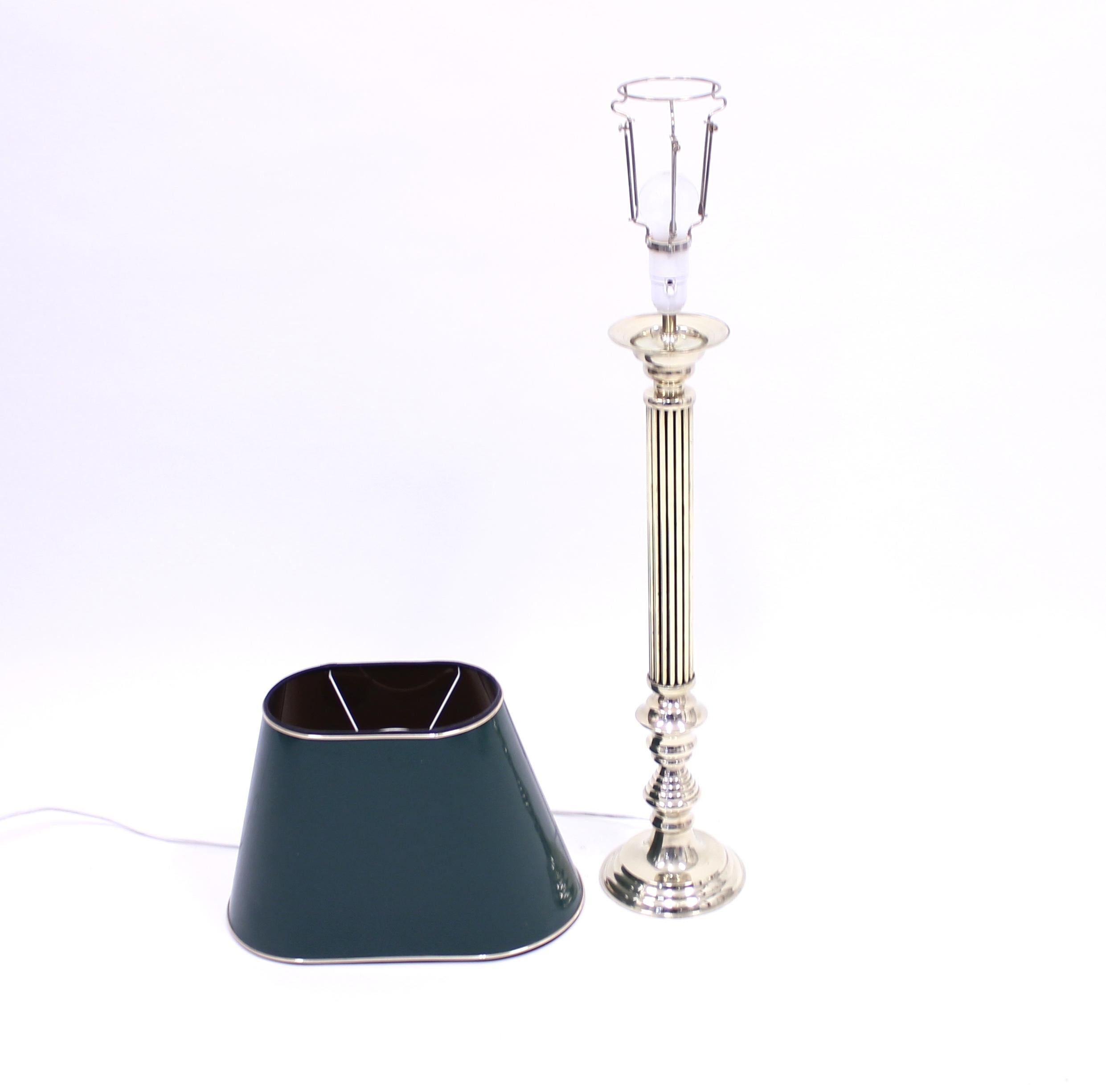 Swedish Tall Neoclassical Brass Table Lamp with Green Lacquered Shade, 1970s