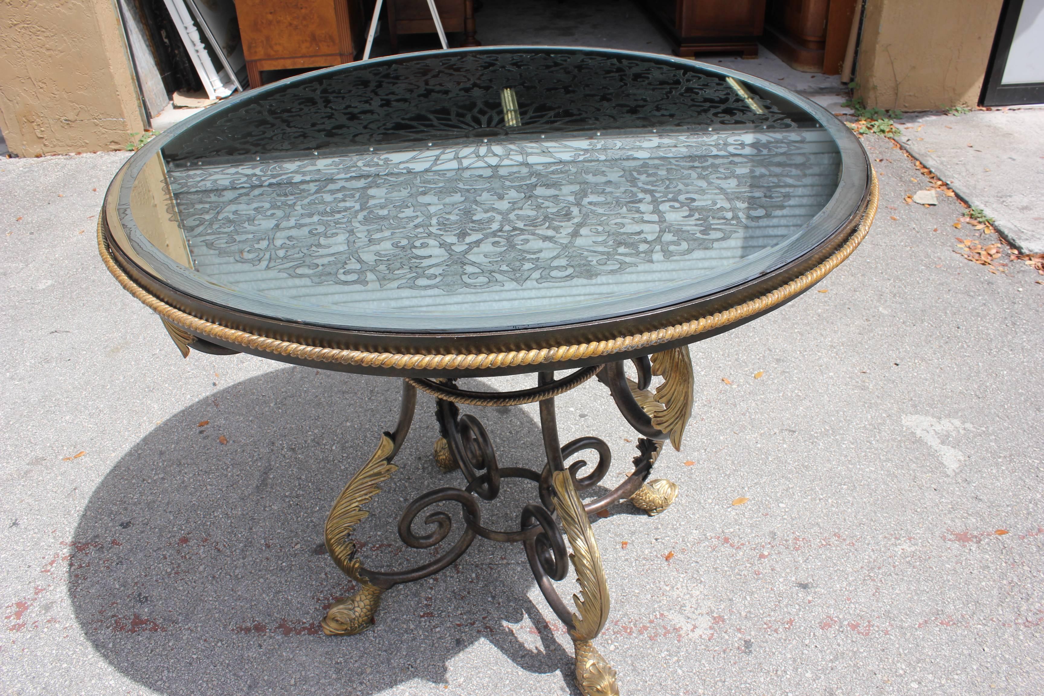 Tall Neoclassical Iron Center Table Eglomise Mirror Top Dolphins Feet  6