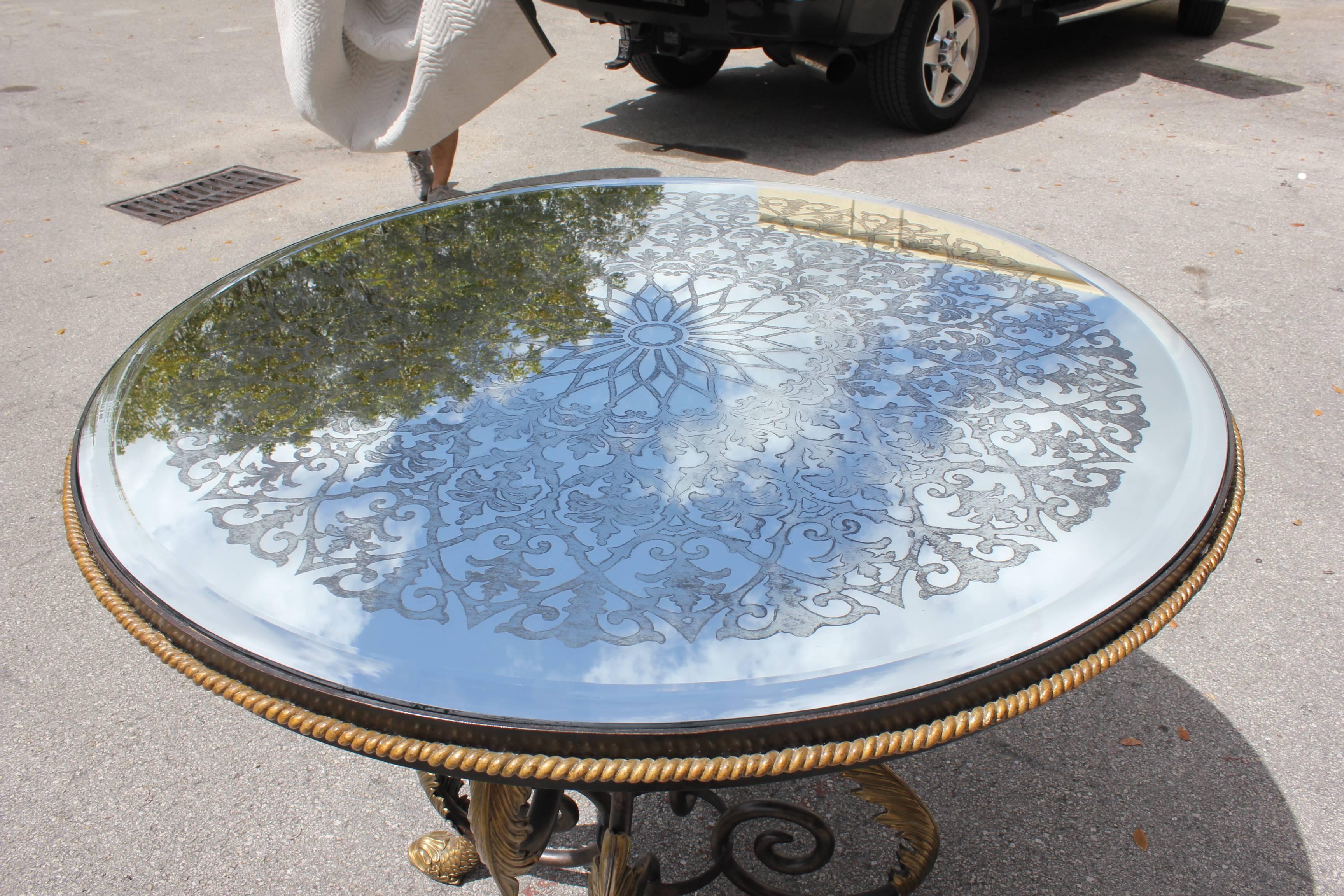 Mid-20th Century Tall Neoclassical Iron Center Table Eglomise Mirror Top Dolphins Feet 