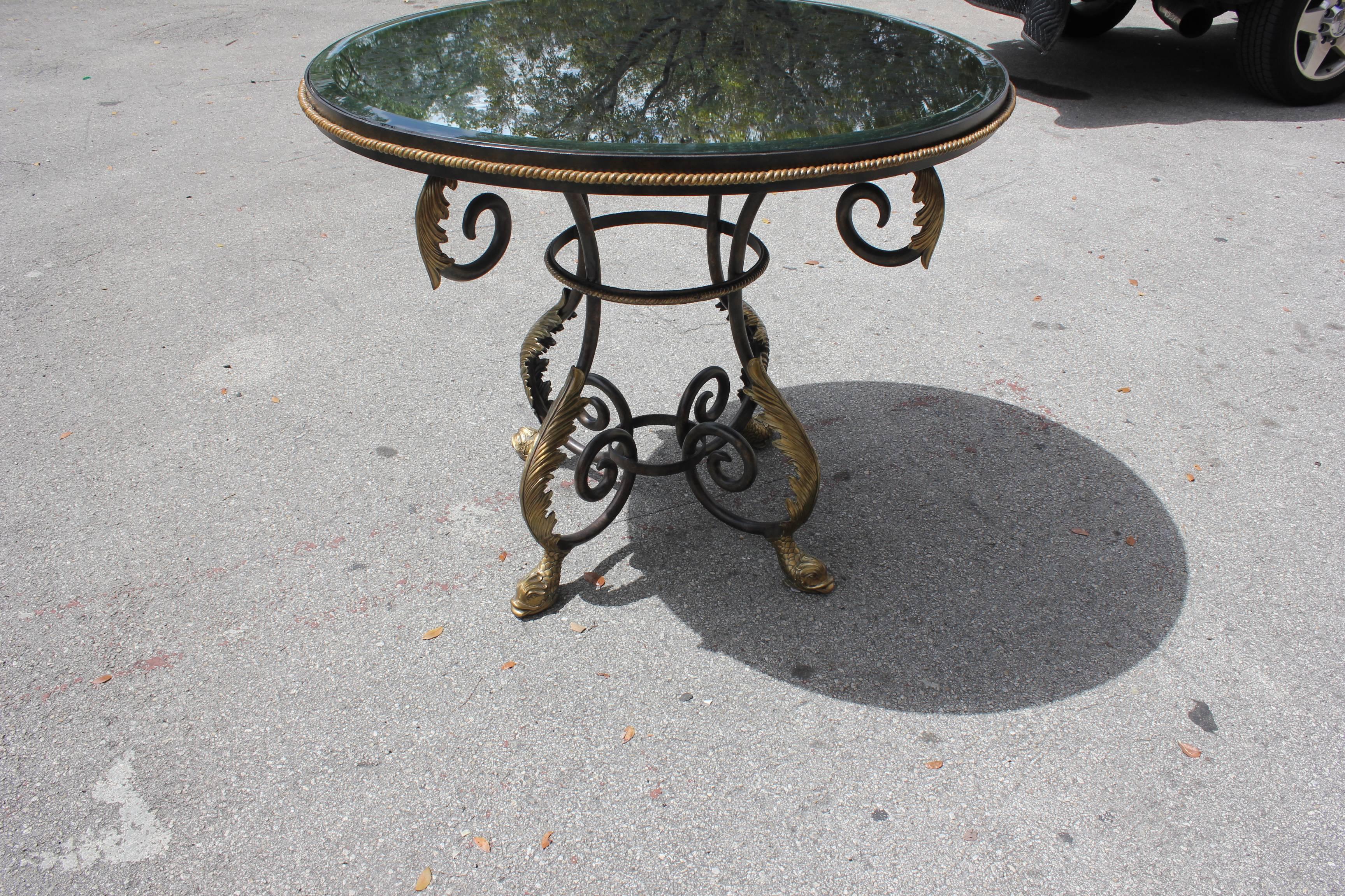 Tall Neoclassical Iron Center Table Eglomise Mirror Top Dolphins Feet  2