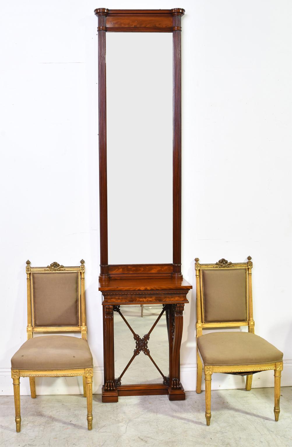 Empire Tall Neoclassical-Style Console & Pier Mirror in Mahogany, Denmark, c. 1830