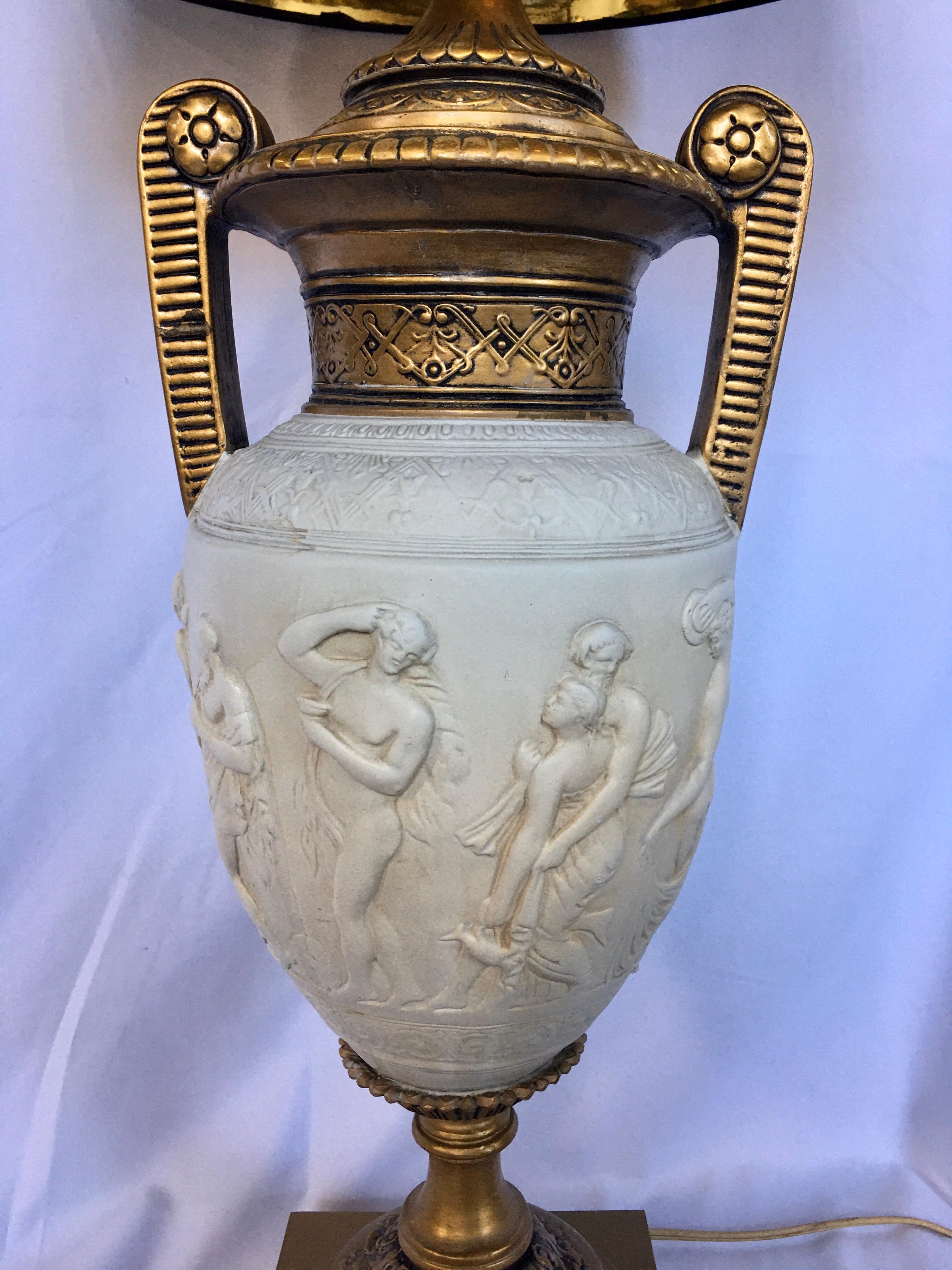 Tall Neoclassical Style Figure Handled Urn Table Lamp In Good Condition In Lambertville, NJ