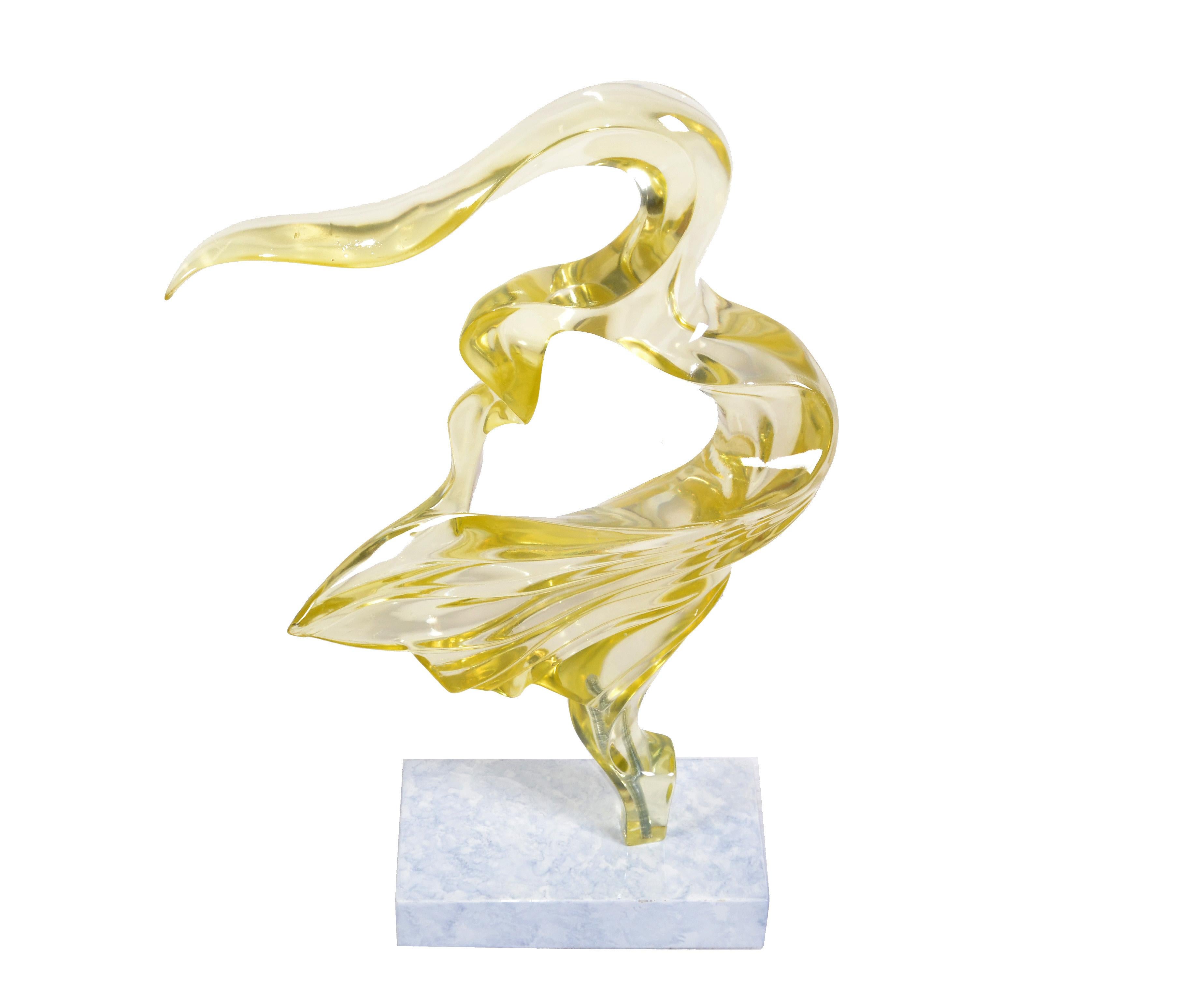 Tall Neon Yellow Mid-Century Modern Abstract Lucite Sculpture on White Base 1980 For Sale 4