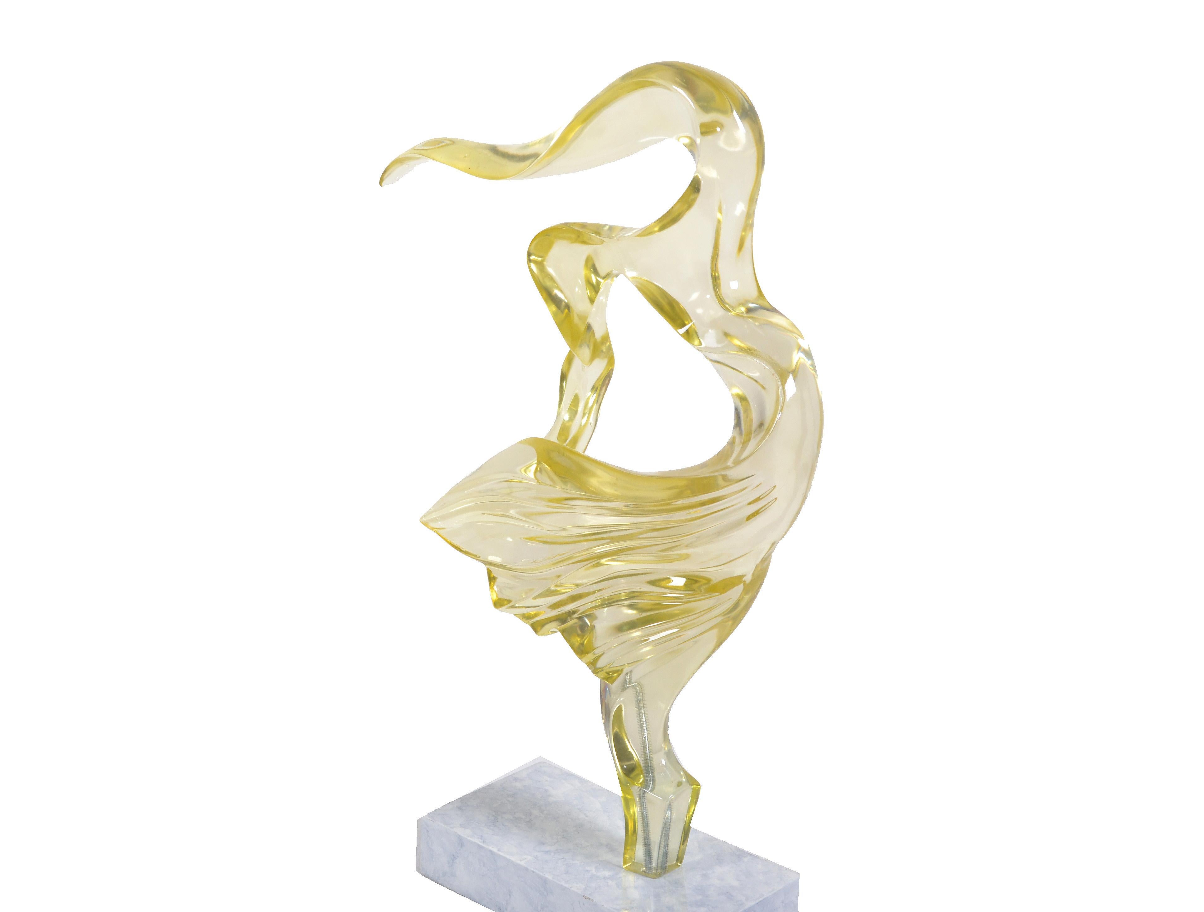 Hand-Crafted Tall Neon Yellow Mid-Century Modern Abstract Lucite Sculpture on White Base 1980 For Sale