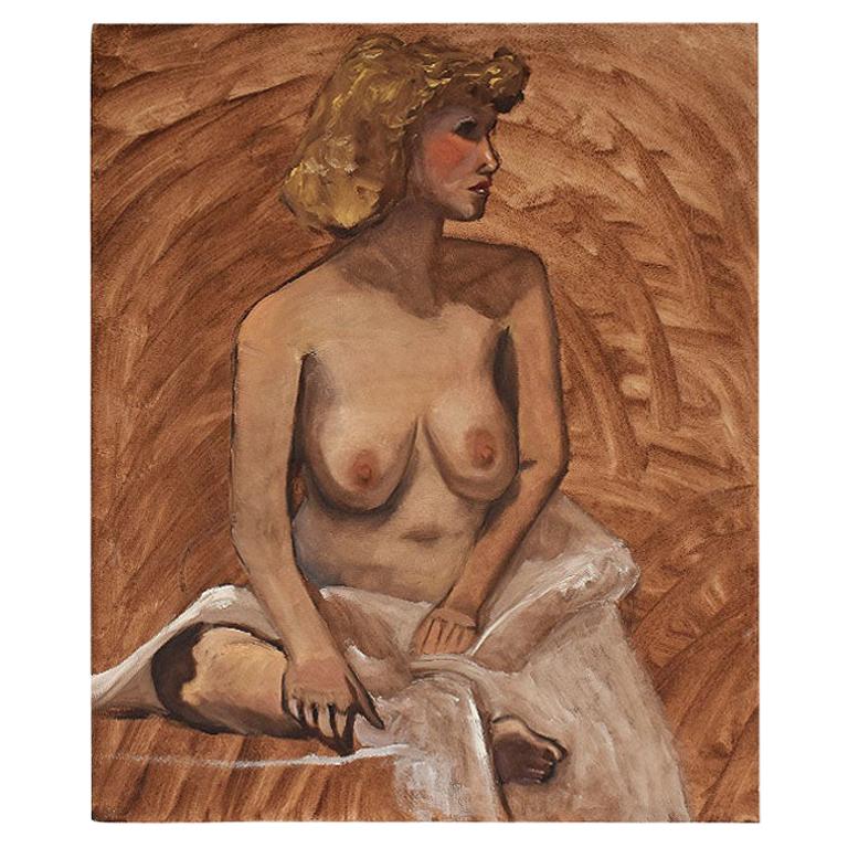 Tall Nude Portrait Painting of a Woman with Blonde Hair in Blush Pink, 20th C. For Sale