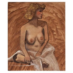 Tall Nude Portrait Painting of a Woman with Blonde Hair in Blush Pink, 20th C.