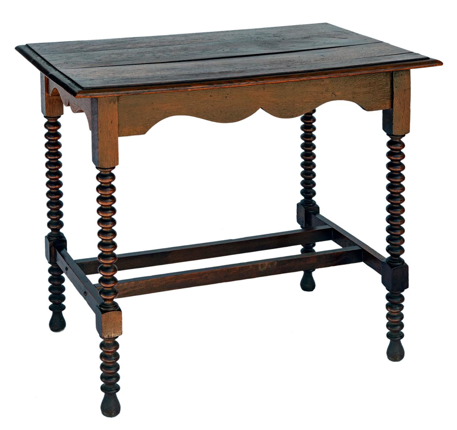Edwardian Tall Oak Console Table with Spool Legs & Decorative Apron