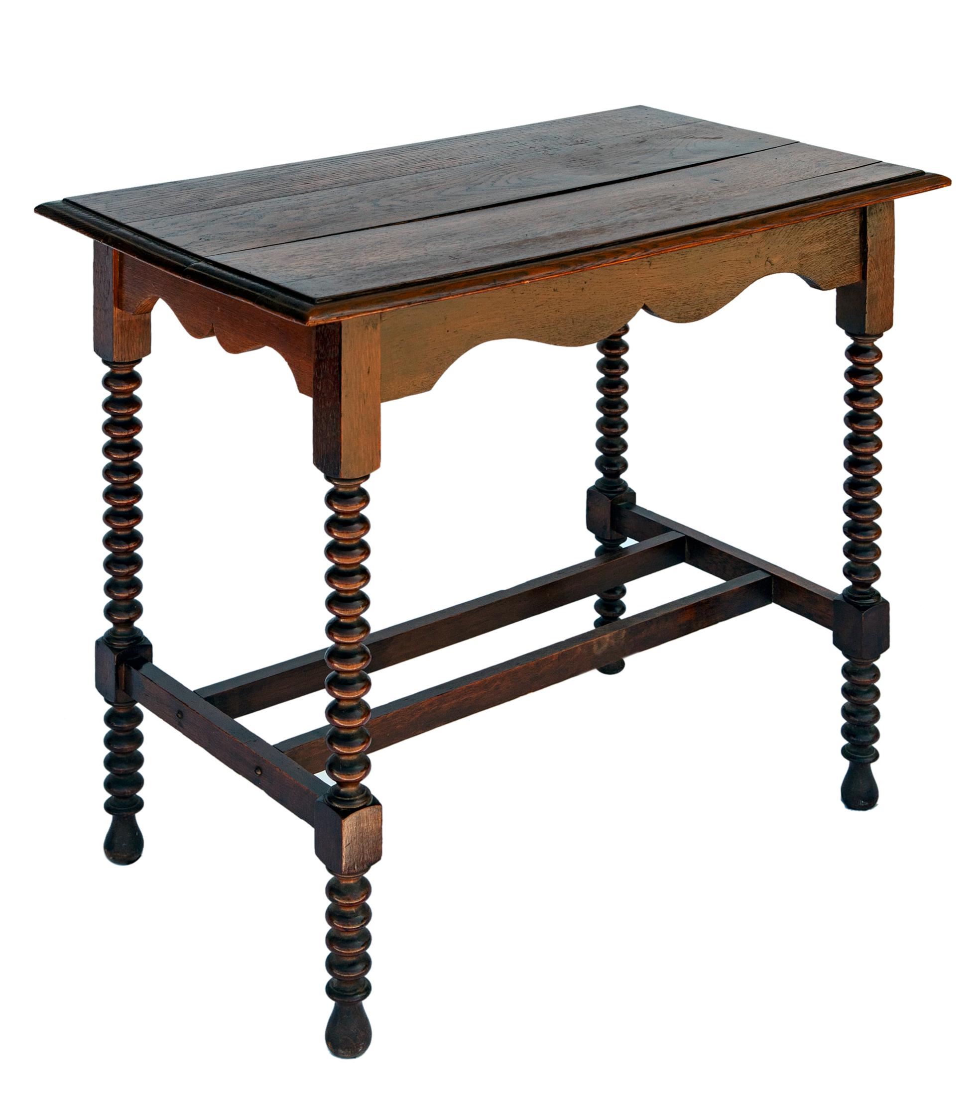 English Tall Oak Console Table with Spool Legs & Decorative Apron