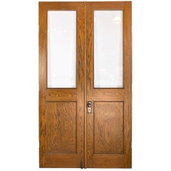 Antique Tall Oak Double Doors with Beveled Glass Windows