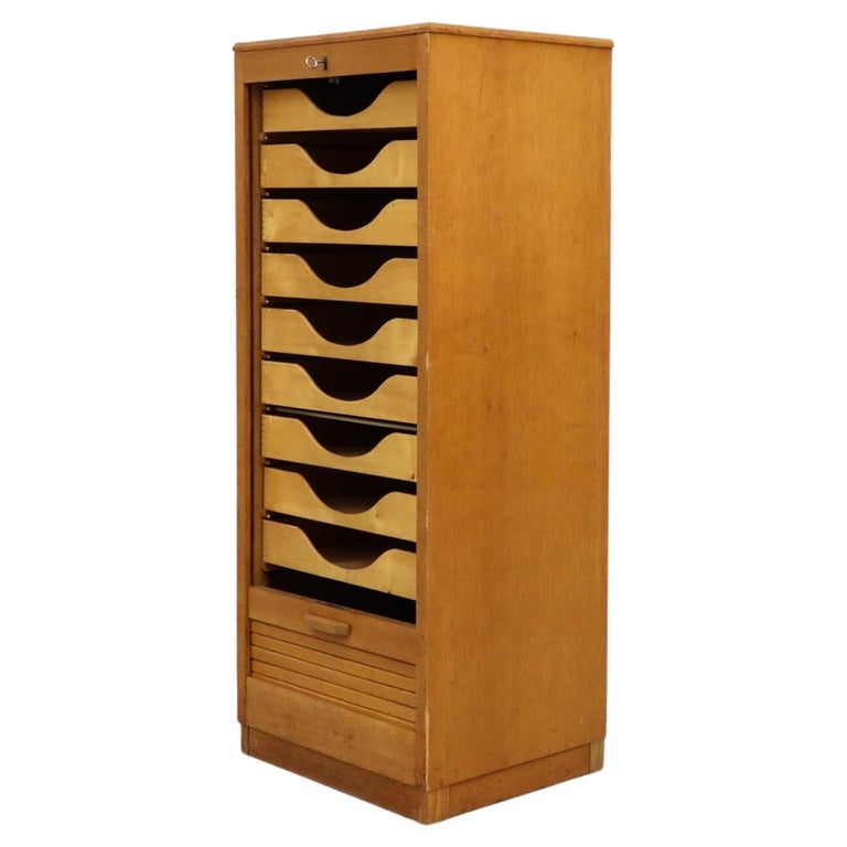Tall Oak Eeka Filing Cabinet with Tambour Door For Sale