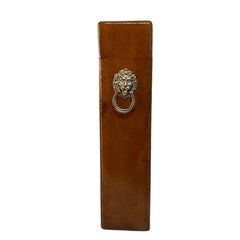 Tall Oak Wood Brown Fireplace Mantle Match Box with Gold Lion Motif Handle