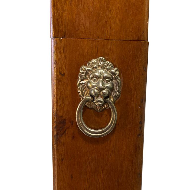 American Tall Oak Wood Brown Fireplace Mantle Match Box with Gold Lion Motif Handle 