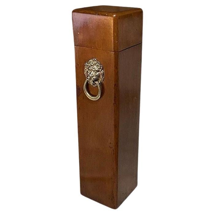 Tall Oak Wood Brown Fireplace Mantle Match Box with Gold Lion Motif Handle 