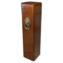 Tall Oak Wood Brown Fireplace Mantle Match Box with Gold Lion Motif Handle 