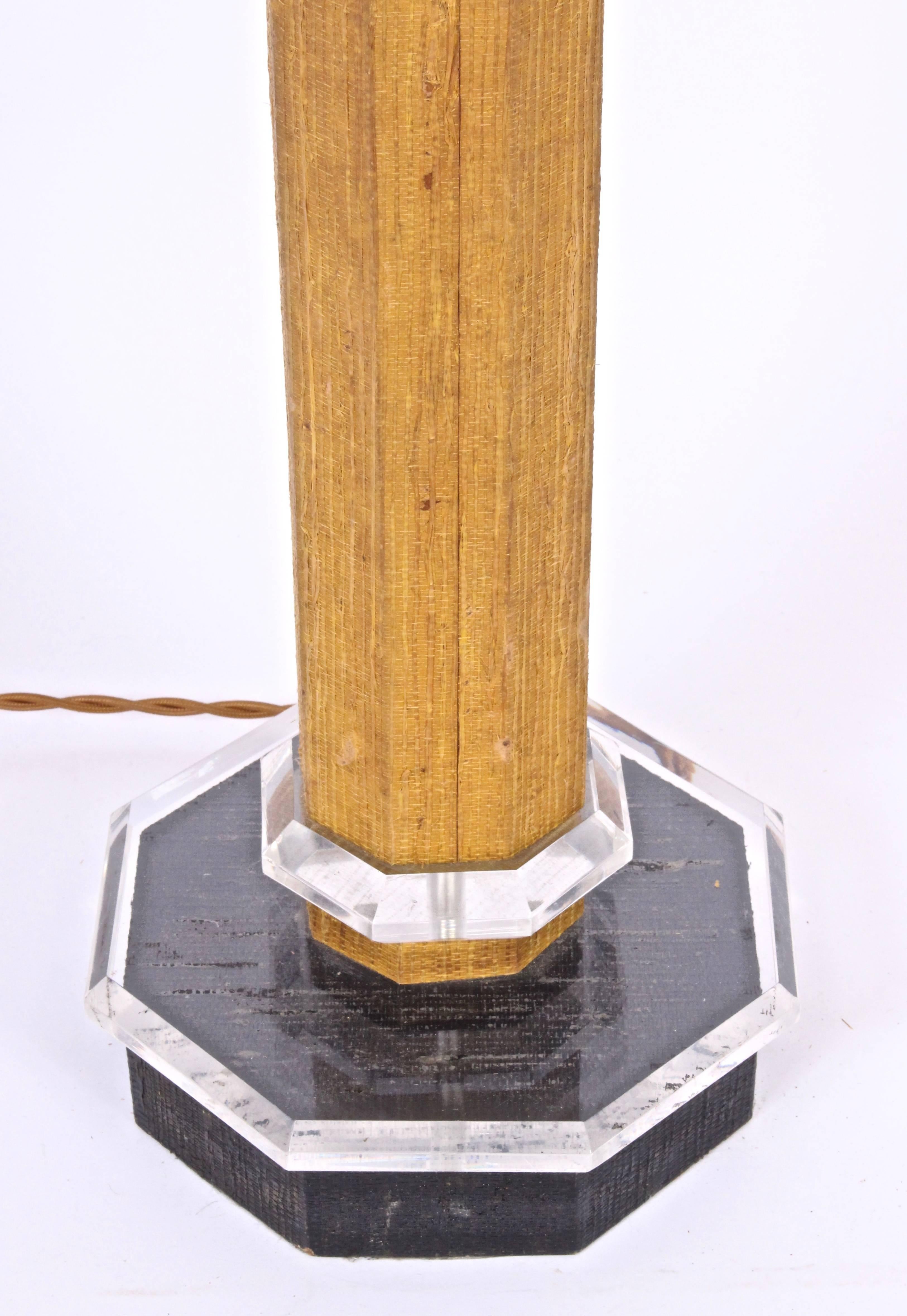 Plated Tall Karl Springer Style Grasscloth, Lucite & Black Enamel Table Lamp, 1970s For Sale