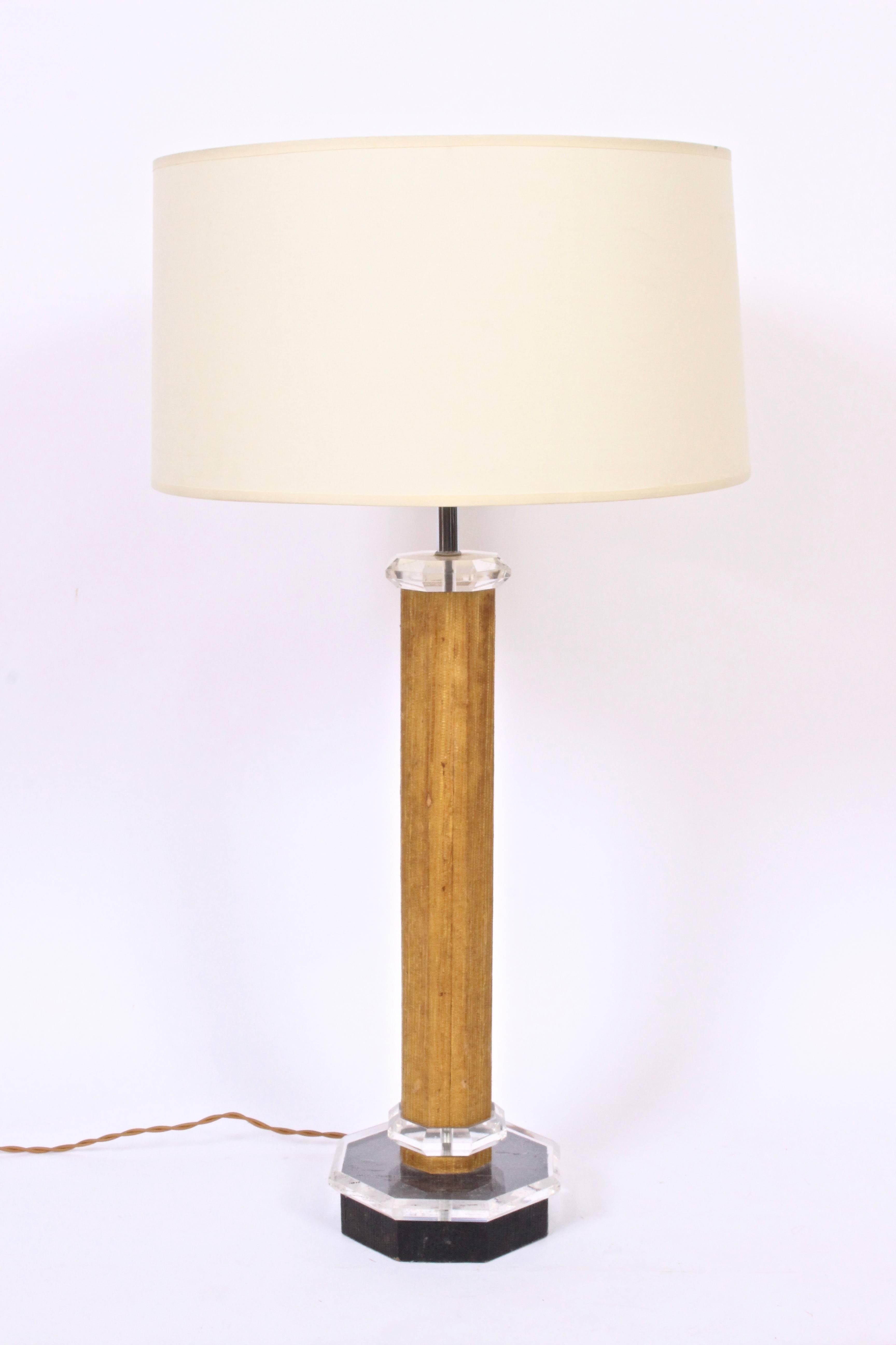 Tall Karl Springer Style Grasscloth, Lucite & Black Enamel Table Lamp, 1970s In Good Condition For Sale In Bainbridge, NY