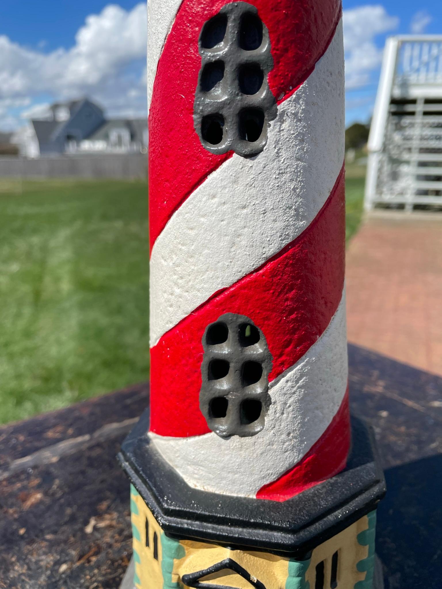 Iron Tall Old Light House Lantern Hand Painted Red, White, and Blue For Sale