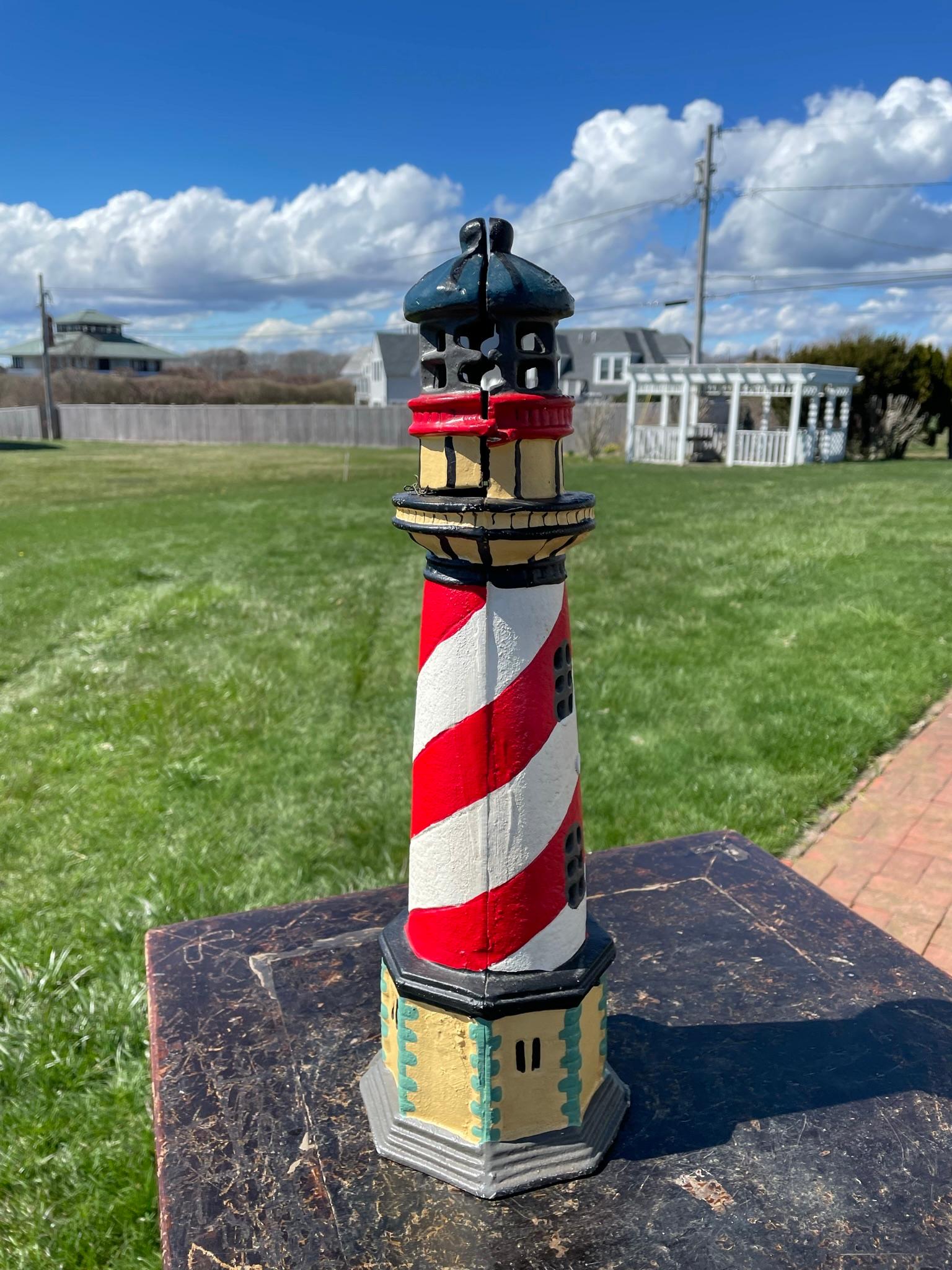 Tall Old Light House Lantern Hand Painted Red, White, and Blue For Sale 2