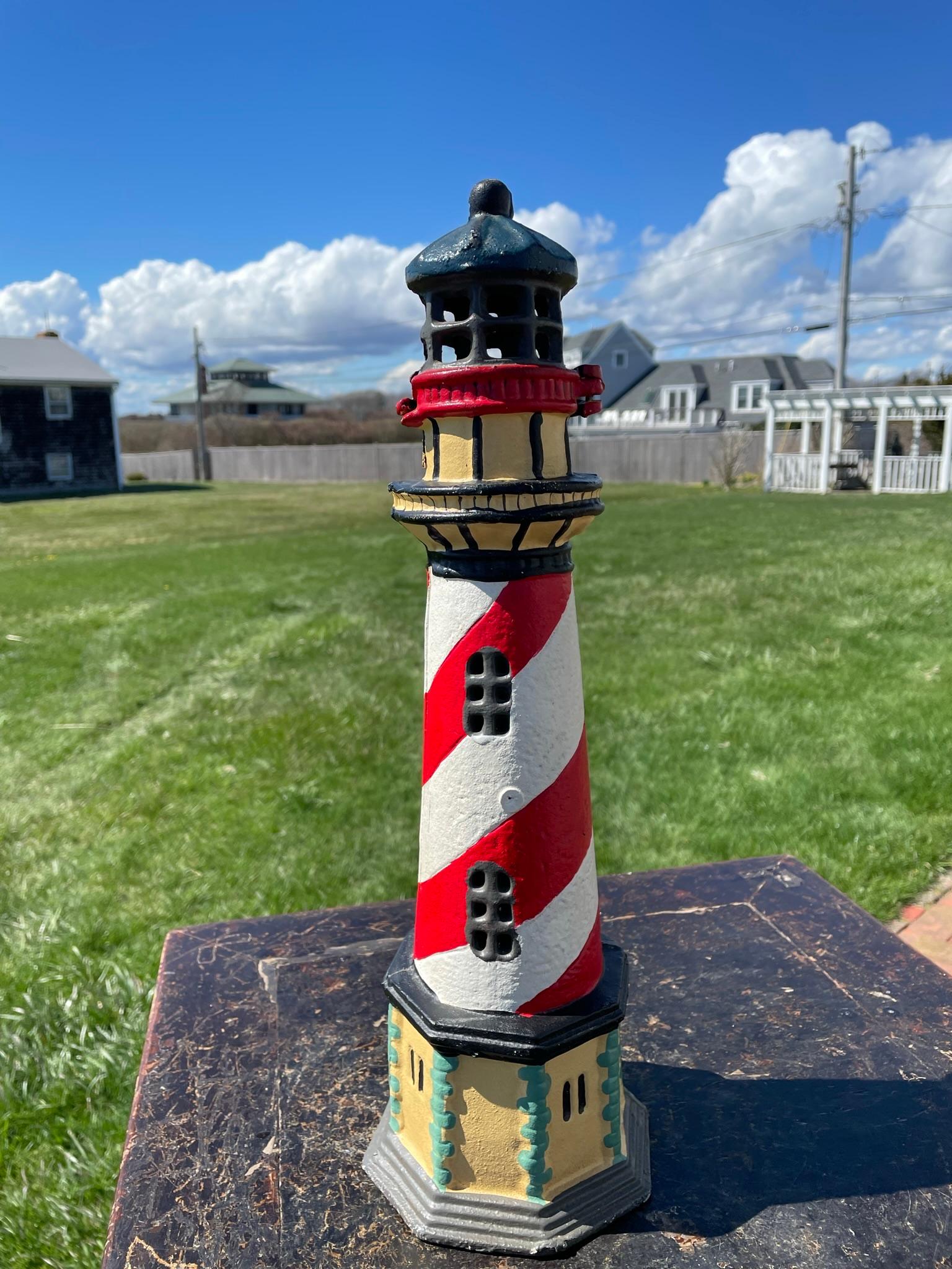 Tall Old Light House Lantern Hand Painted Red, White, and Blue For Sale 3