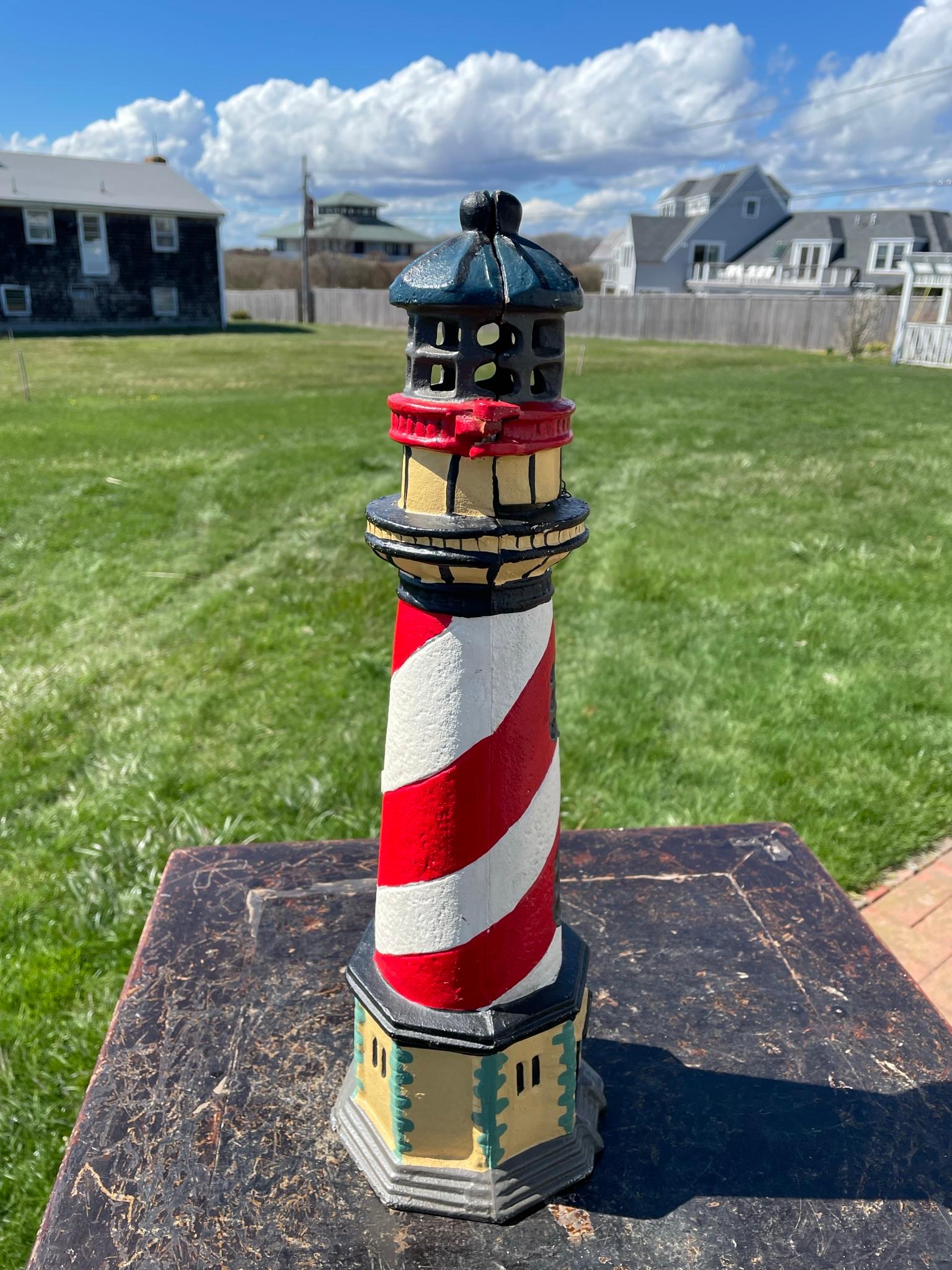 Tall Old Light House Lantern Hand Painted Red, White, and Blue For Sale 5