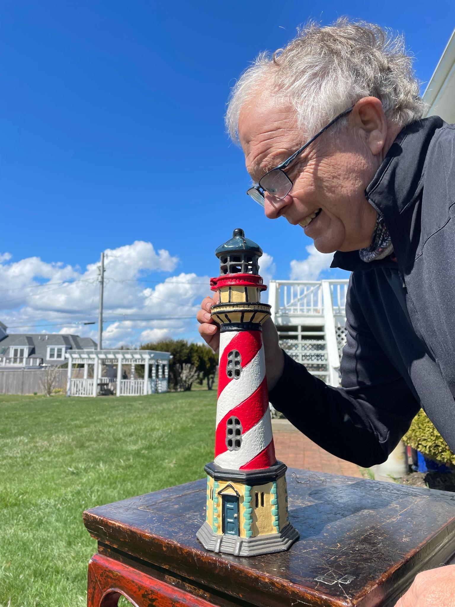 SEE THIS AND OUR GARDEN ART EXHIBITION IN NEWPORT, RHODE ISLAND UNTIL OCTOBER 10, 2022

Light house lovers delight.

Original hand painted colors of red, white, and blue

This unusual 