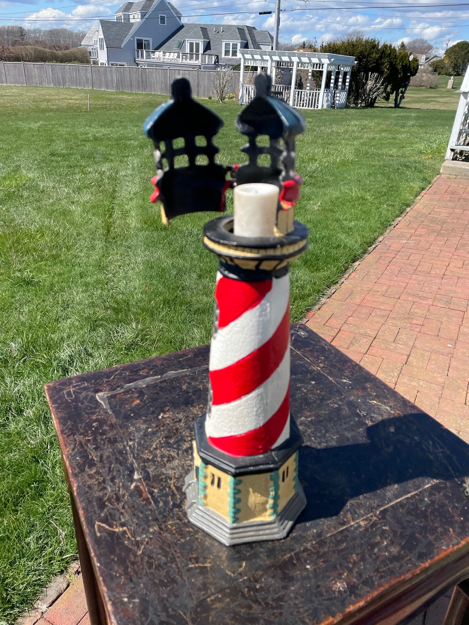 Showa Tall Old Light House Lantern Hand Painted Red, White, and Blue For Sale