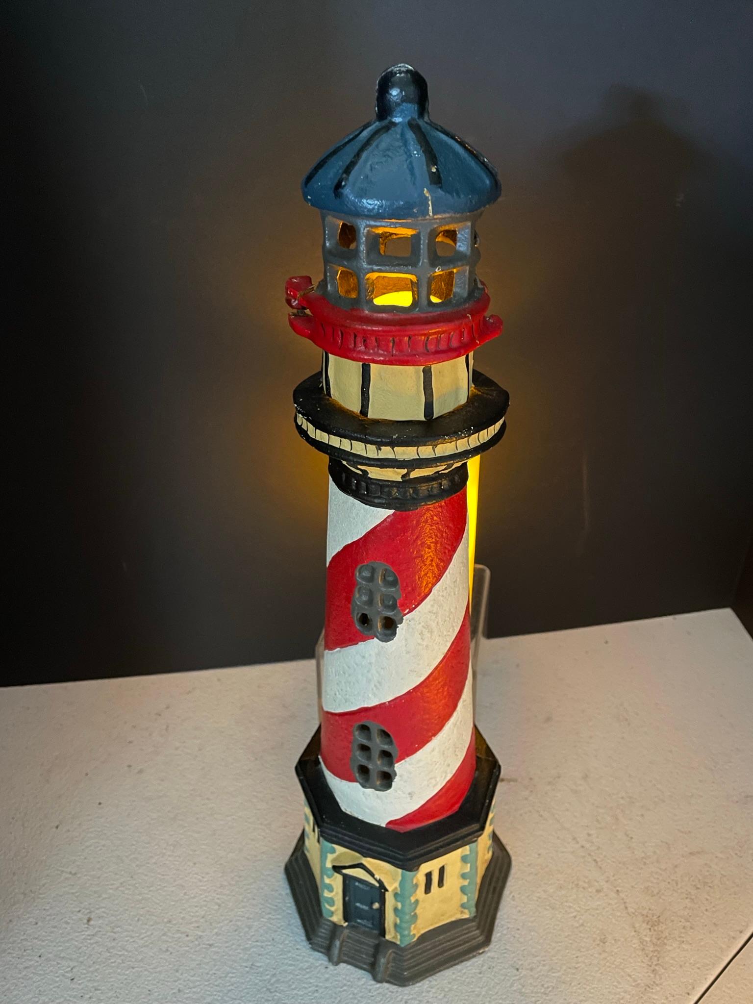 Japanese Tall Old Light House Lantern Hand Painted Red, White, and Blue For Sale