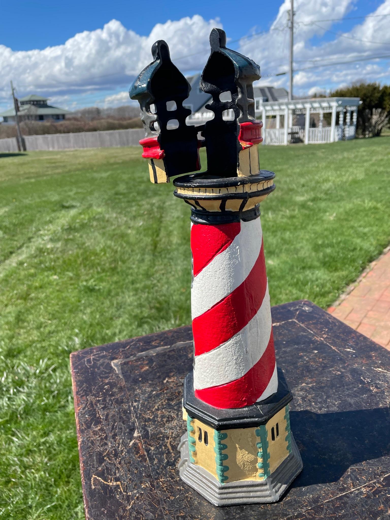 Cast Tall Old Light House Lantern Hand Painted Red, White, and Blue For Sale