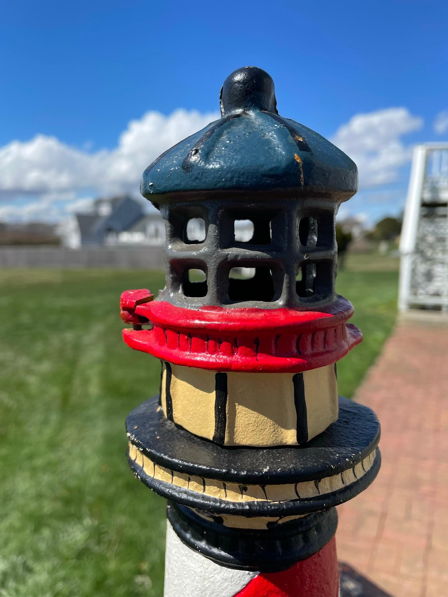 Tall Old Light House Lantern Hand Painted Red, White, and Blue In Good Condition For Sale In South Burlington, VT
