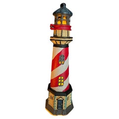 Tall Old Light House Lantern Hand Painted Red, White, And Blue 