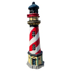 Tall Old Light House Lantern Hand Painted Red, White, and Blue