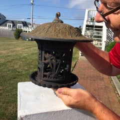 Tall Old Round Garden Lantern "Iris, Flowers & Vines"