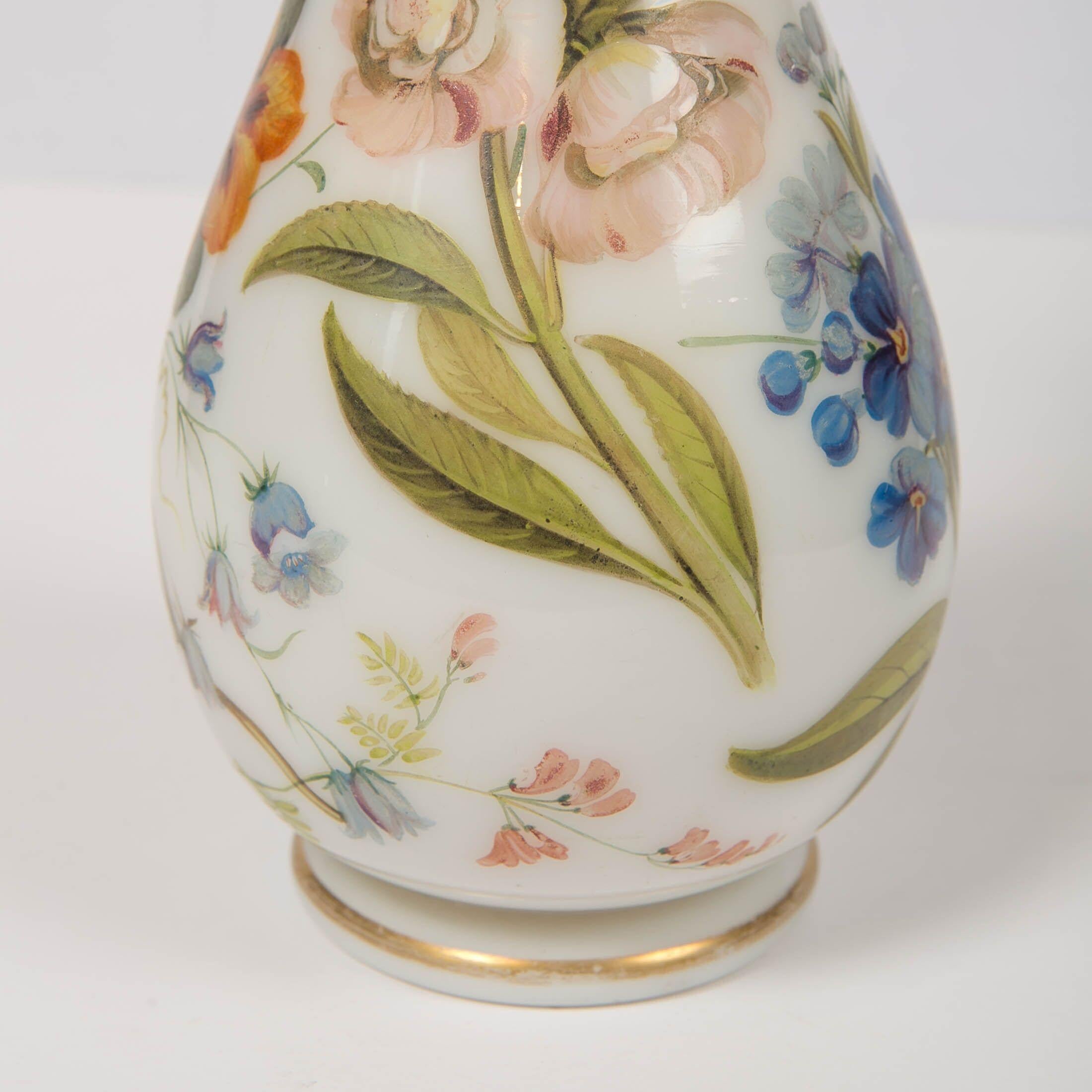 French Tall Opaline Vase Hand Blown and Hand Painted with Flowers, France, Circa 1840 For Sale
