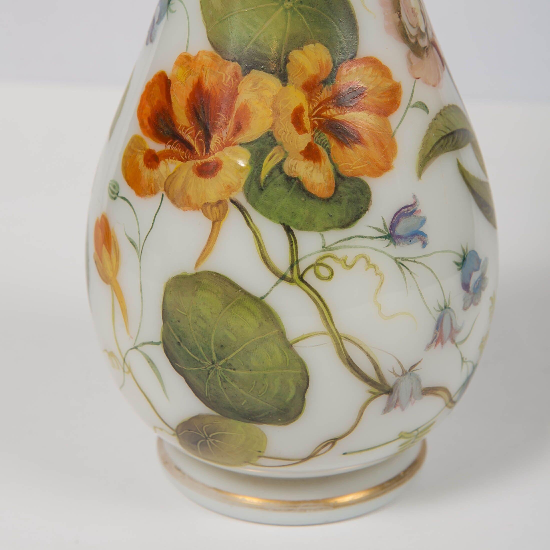 Opaline Glass Tall Opaline Vase Hand Blown and Hand Painted with Flowers, France, Circa 1840 For Sale