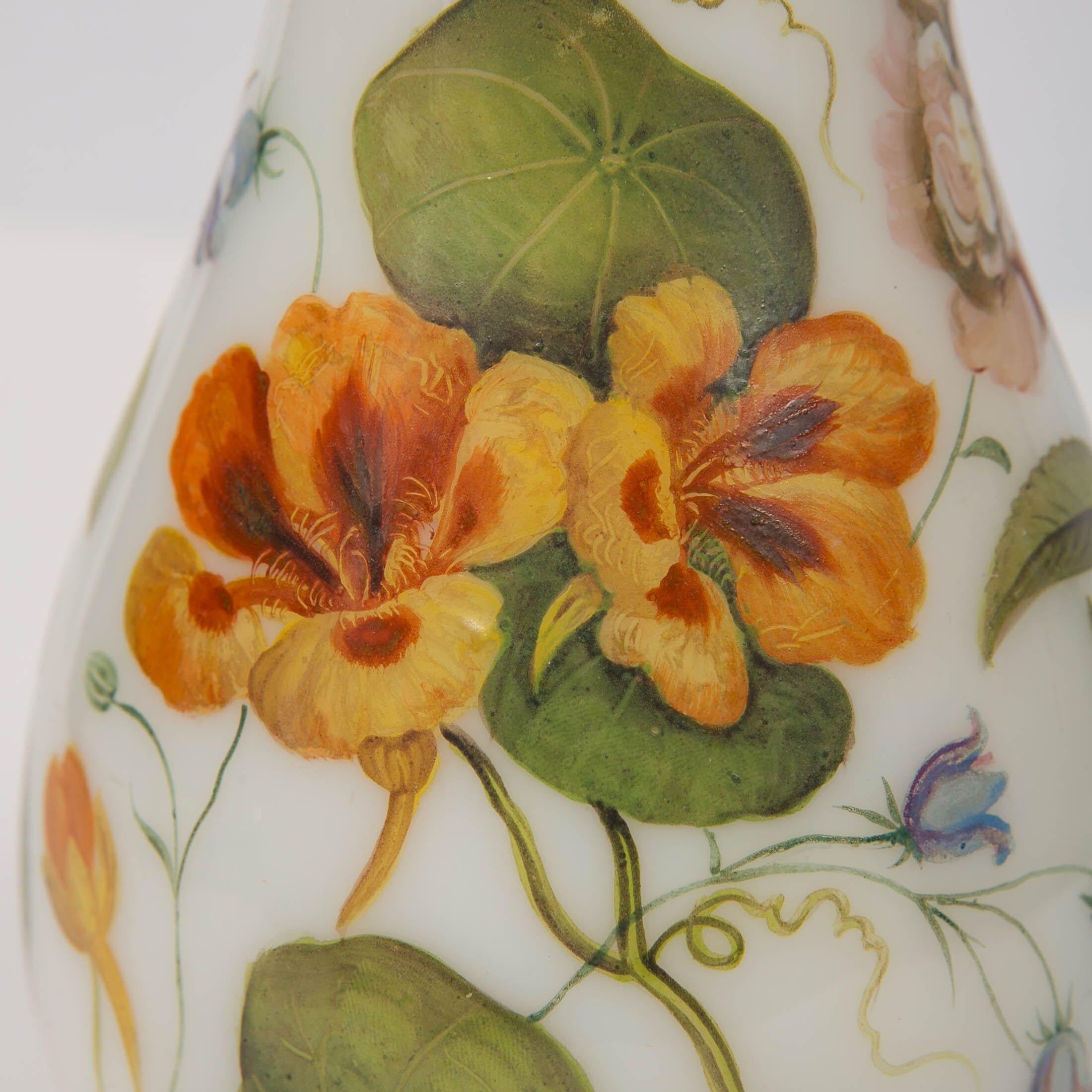 Tall Opaline Vase Hand Blown and Hand Painted with Flowers, France, Circa 1840 For Sale 1