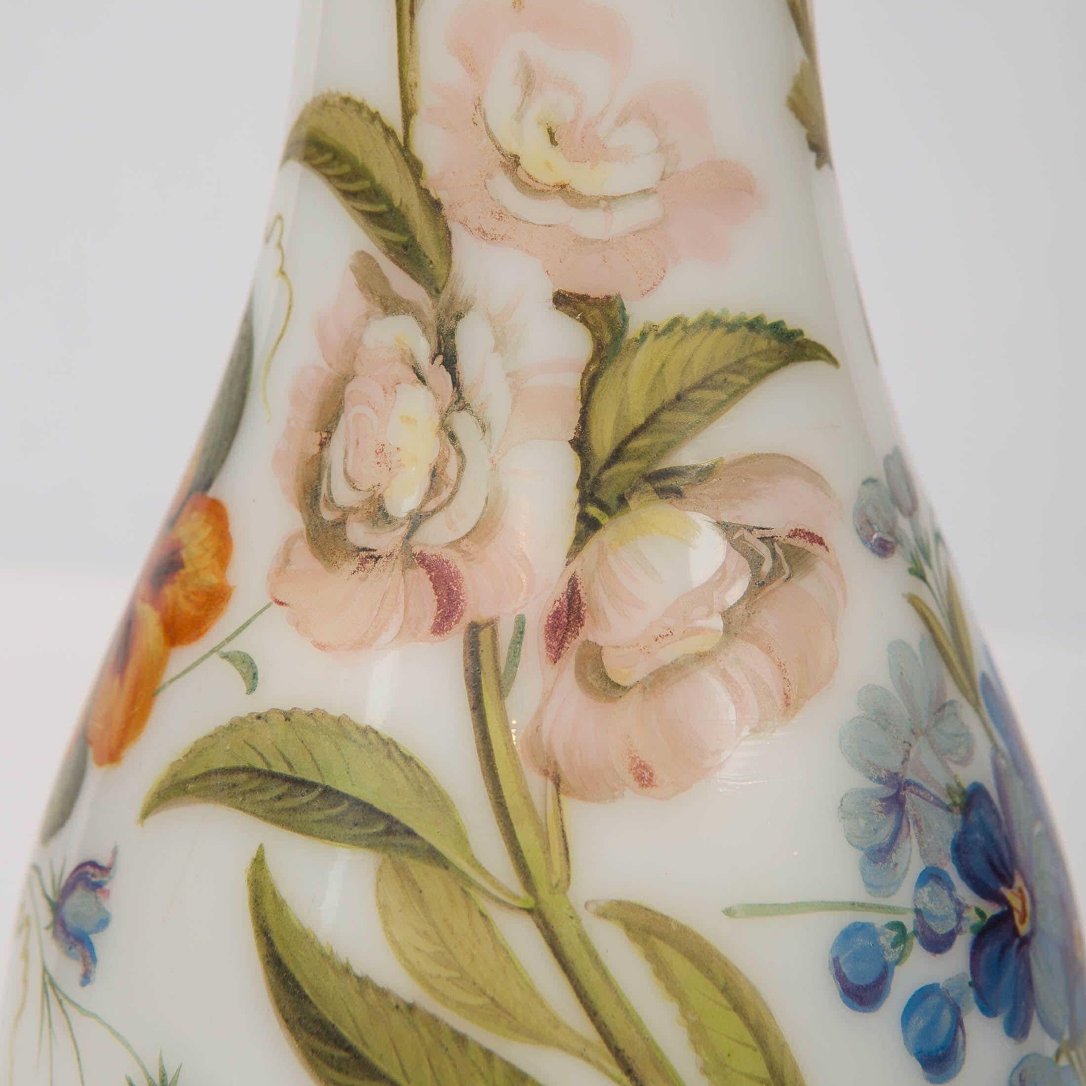 19th Century Tall Opaline Vase Hand Blown and Hand Painted with Flowers, France, Circa 1840 For Sale