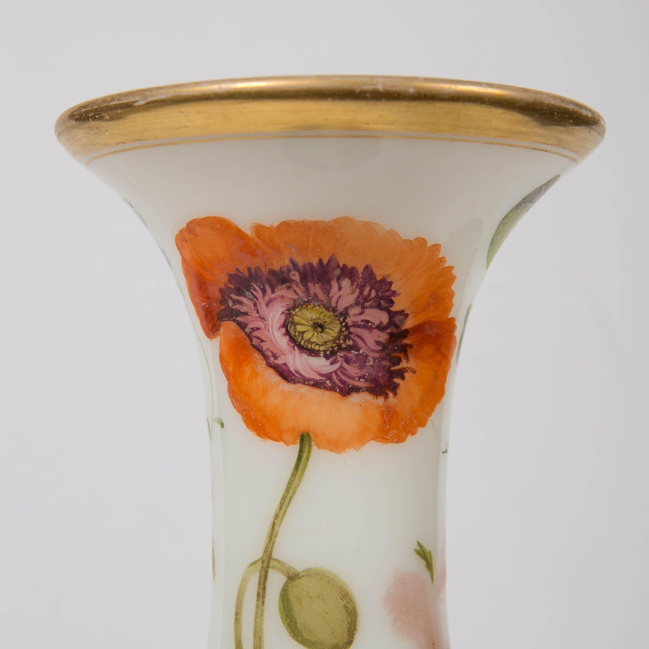 Tall Opaline Vase Hand Blown and Hand Painted with Flowers, France, Circa 1840 For Sale 2
