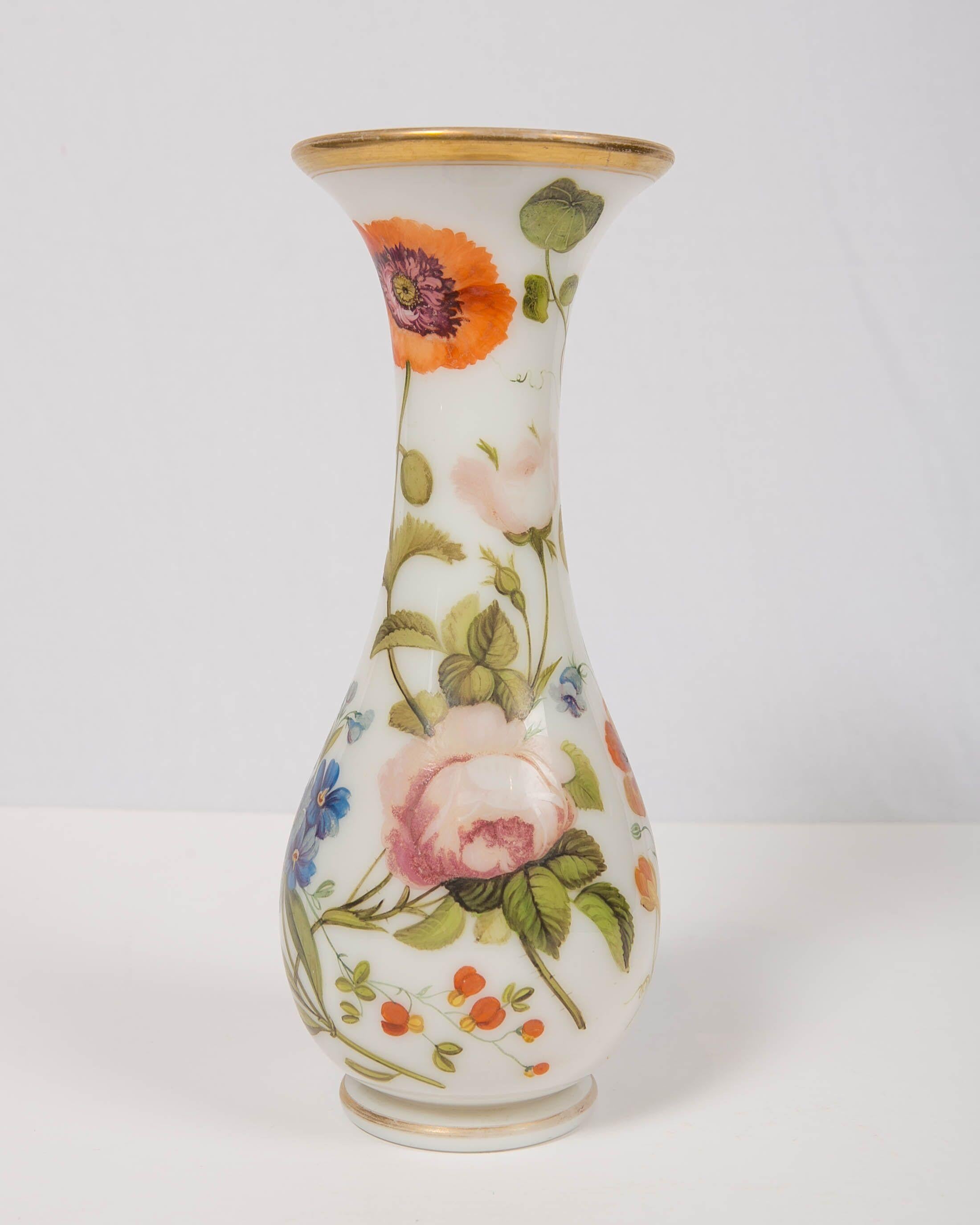Tall Opaline Vase Hand Blown and Hand Painted with Flowers, France, Circa 1840 For Sale 3