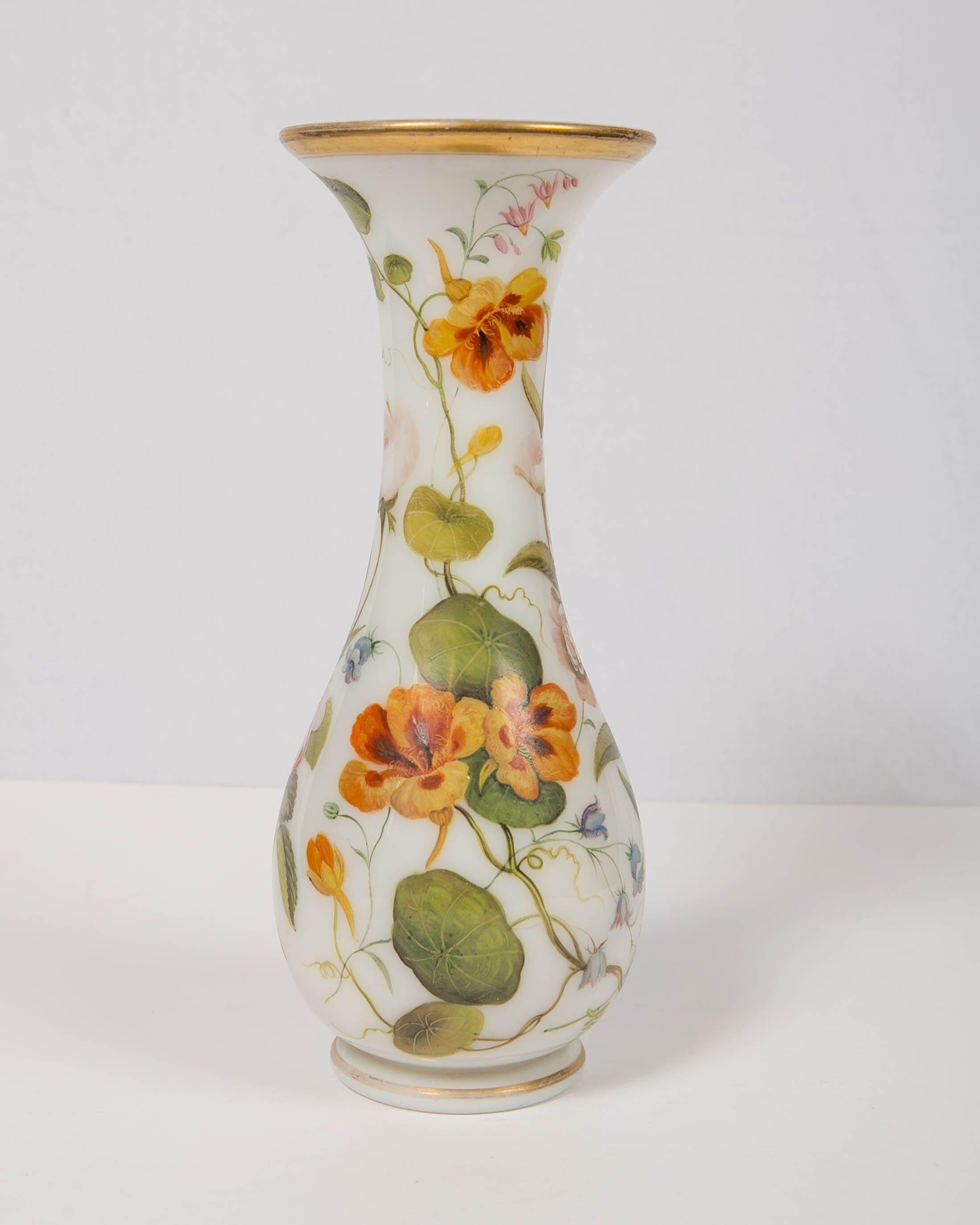 Hand-Painted Tall Opaline Vase Hand Blown and Hand Painted with Flowers, France, Circa 1840 For Sale