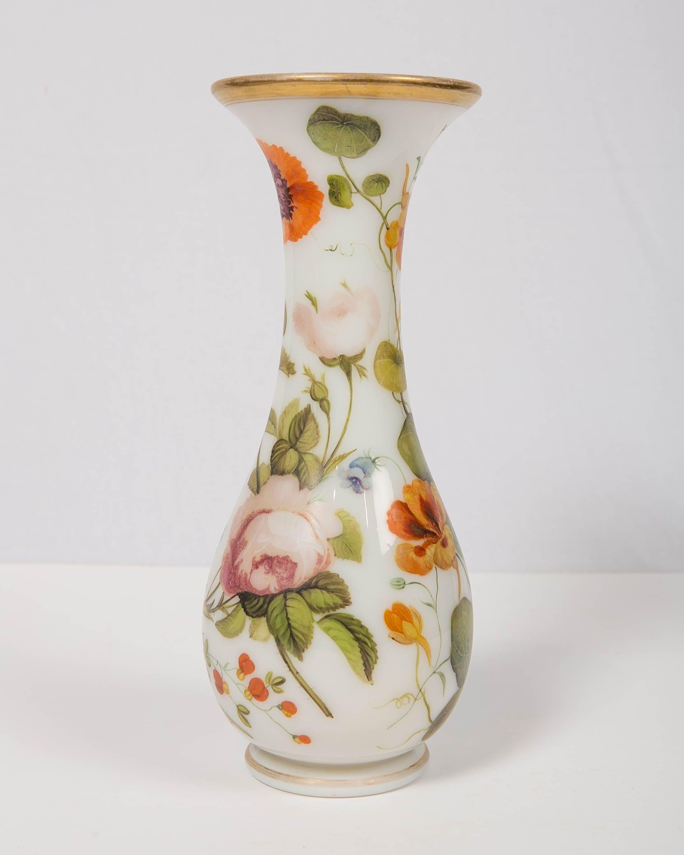 Tall Opaline Vase Hand Blown and Hand Painted with Flowers, France, Circa 1840 In Excellent Condition For Sale In Katonah, NY