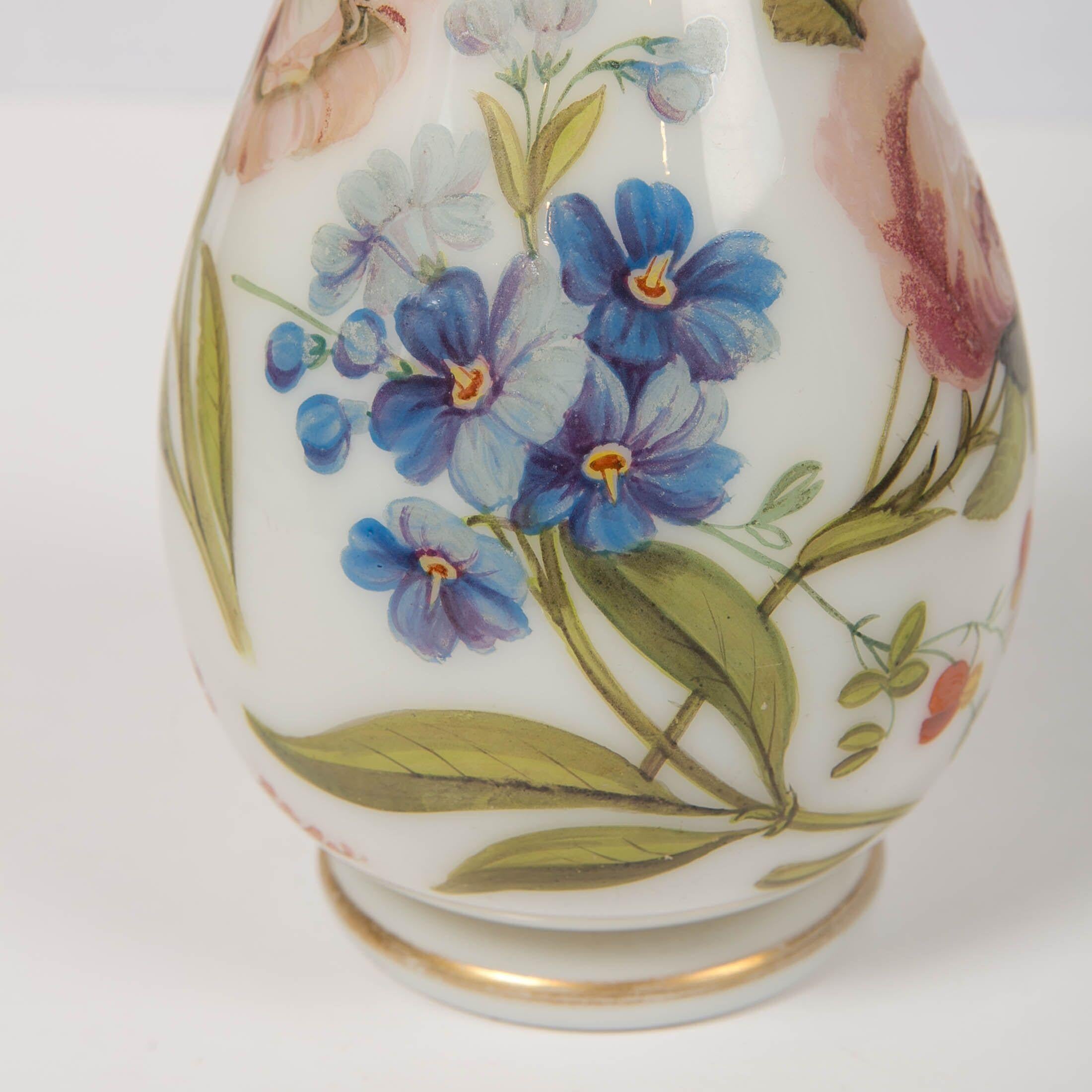 Louis Philippe Tall Opaline Vase Hand Blown and Hand Painted with Flowers, France, Circa 1840 For Sale