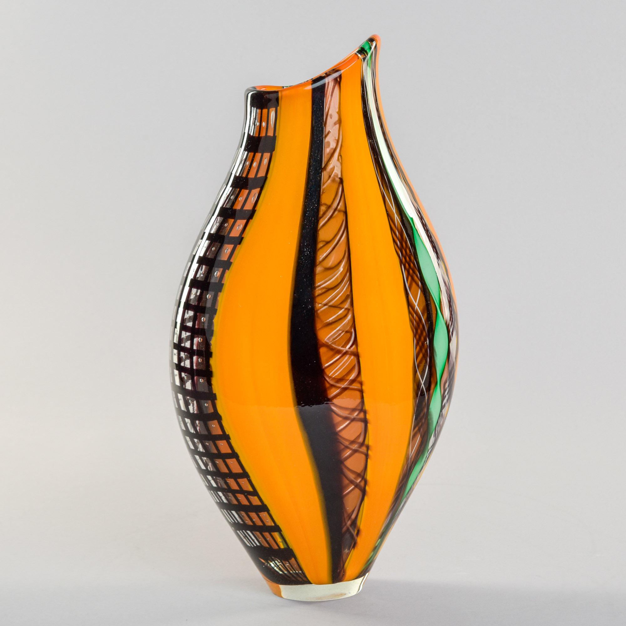 Vaso alto arancione nero e verde firmato Fabiano Zanchi Murano in vendita 3