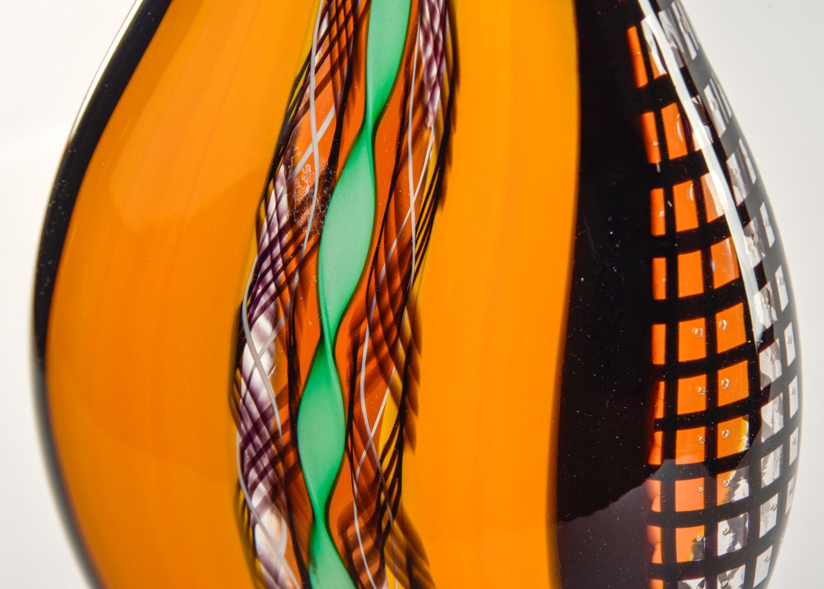 Vetro di Murano Vaso alto arancione nero e verde firmato Fabiano Zanchi Murano in vendita