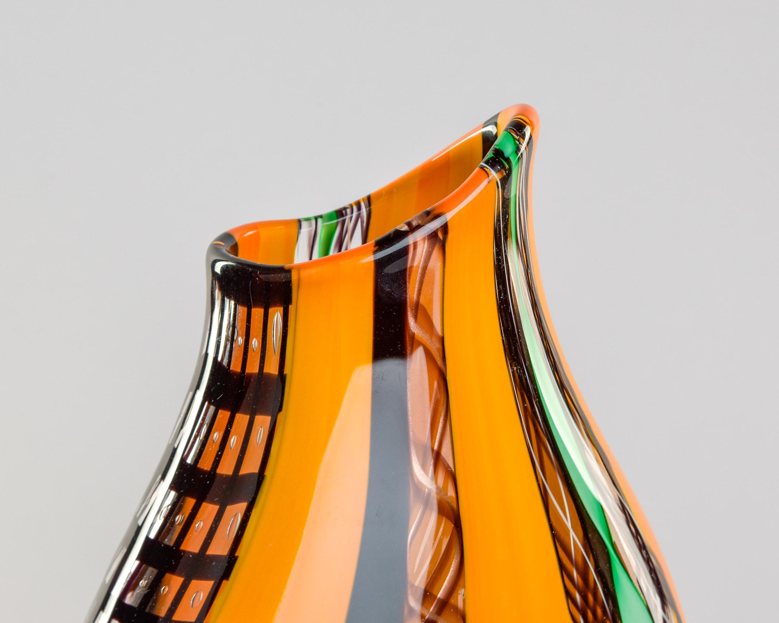 Vaso alto arancione nero e verde firmato Fabiano Zanchi Murano in vendita 2