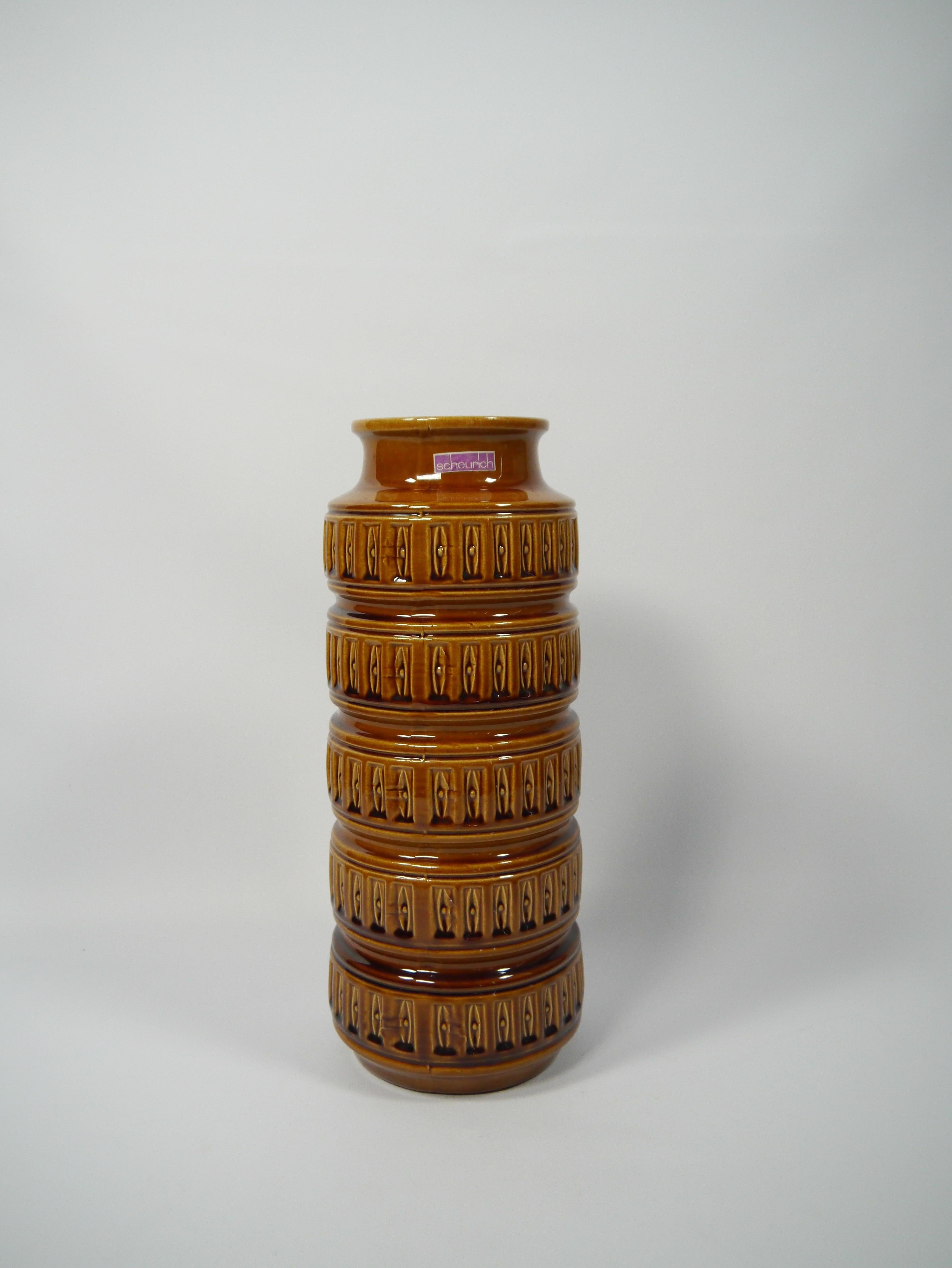 Vaso alto in lava grassa arancione/marrone con motivo geometrico, prodotto da Scheurich, Germania occidentale, anni '70. 