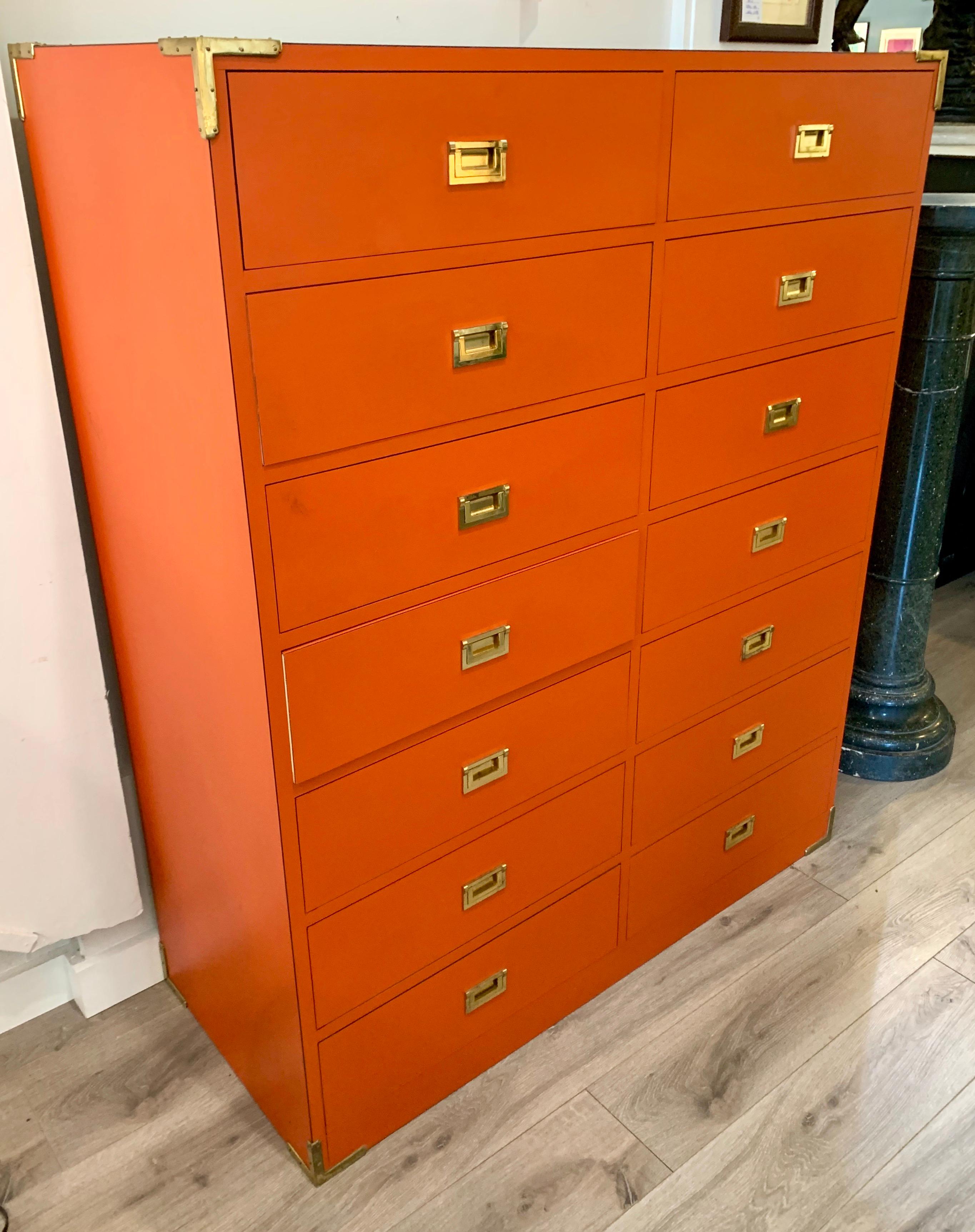 Mid-Century Modern Tall Orange Campaign Chest Highboy Twelve Drawers Wardrobe Gentlemen’s Dresser